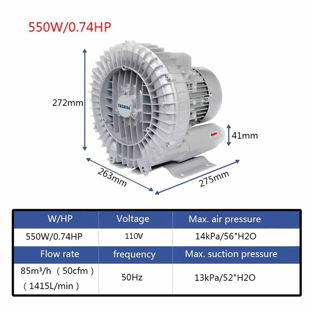 0.74HP Regenerative Blower 110V Single Phase - High Pressure Vortex Ring Blower, Aluminum Alloy Industrial Vacuum Pump (550W) for Air Blowing, Dust Collection, Aquarium Aeration & HVAC Systems