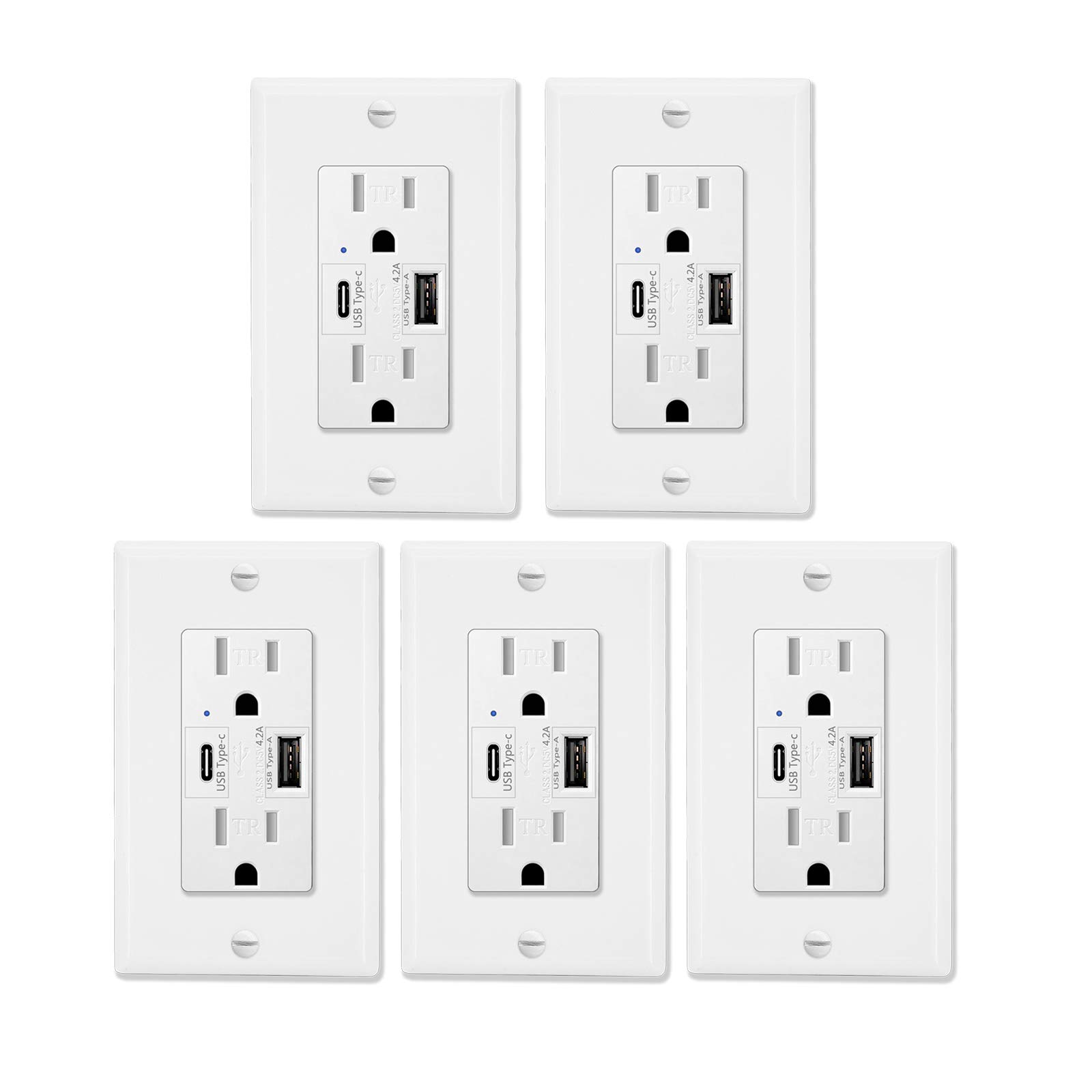 15A USB Type C Charger Outlet - 5 Pack for Apple, Samsung, Google Devices - Home & Office Use