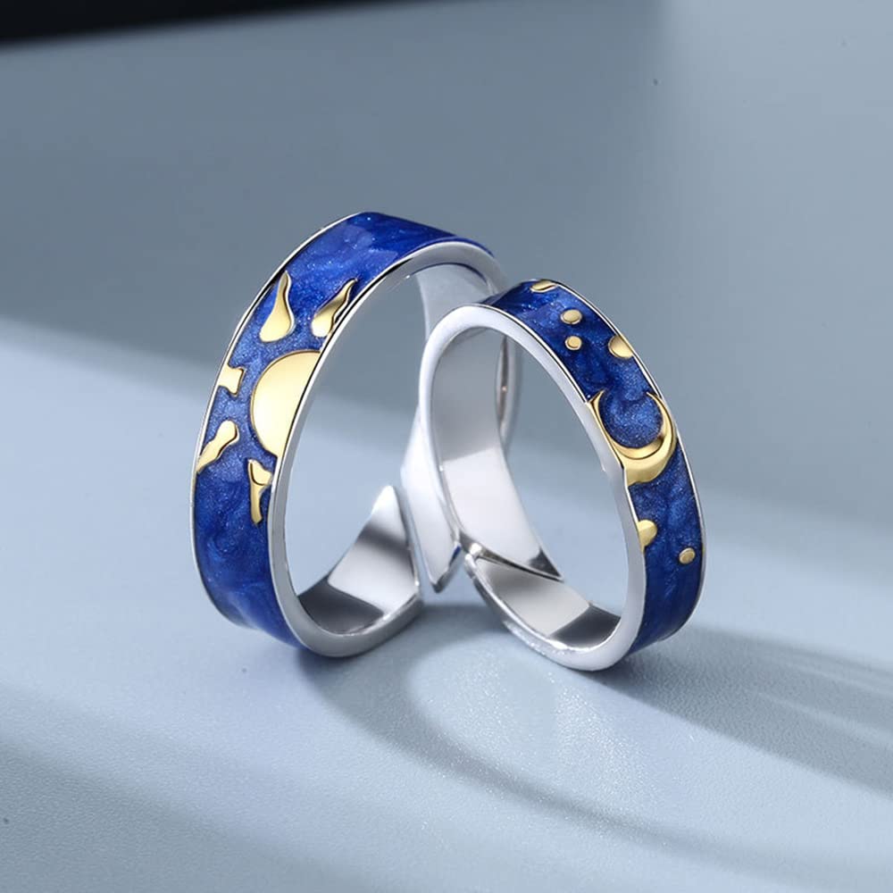 Blue Sun Moon Open Ring Set for Men & Women - Adjustable Starry Sky Couple Rings, Wedding Bands, Anniversary & Engagement Promise Rings - Perfect for Romantic Gifts, Date Nights & Special Occasions