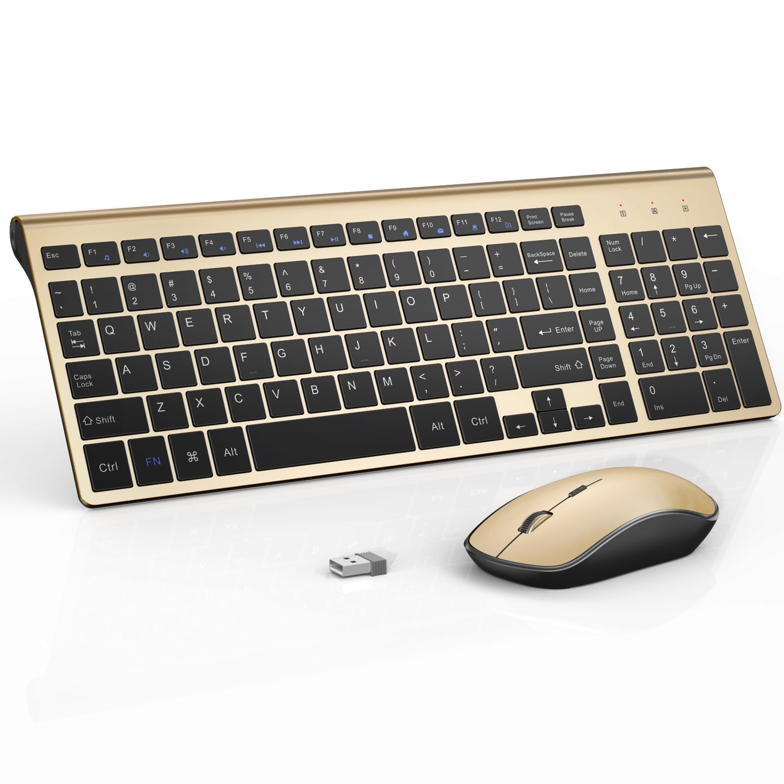 J JOYACCESS Slim Wireless Keyboard and Mouse Combo - Compact Gold Design for Laptop, Computer, Desktop PC - Ergonomic & Portable for Home Office, Gaming, and Work - Black/Gold Color