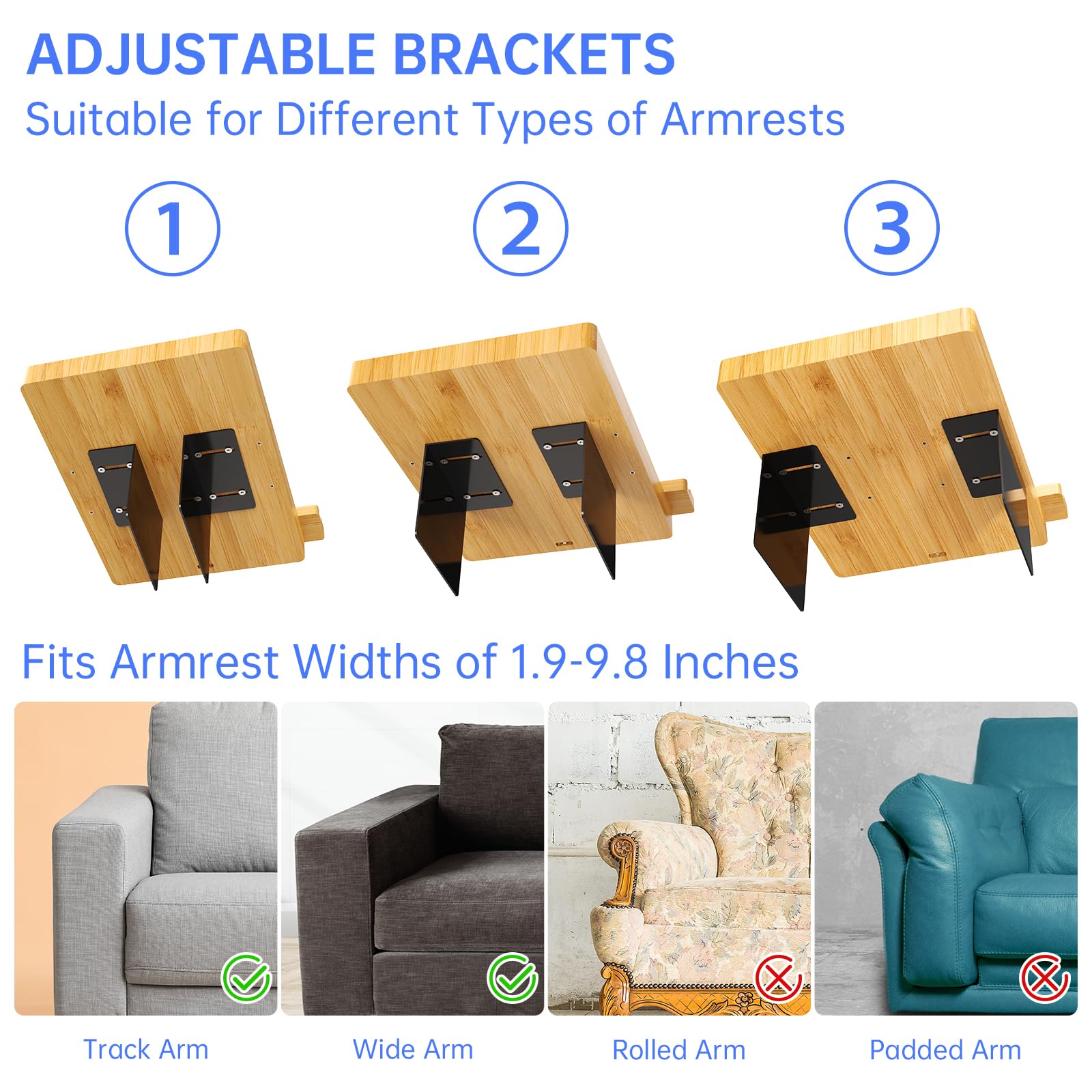 NiHome 2 Tier Rotatable Bamboo Sofa Armrest Tray - Adjustable Couch Side Table with Cup Holder & Phone Stand, Stable Metal Base for Straight-Arm Couches, Waterproof & Durable (Yellow) - Perfect for Living Room, Bedroom, Office & Reading Nook
