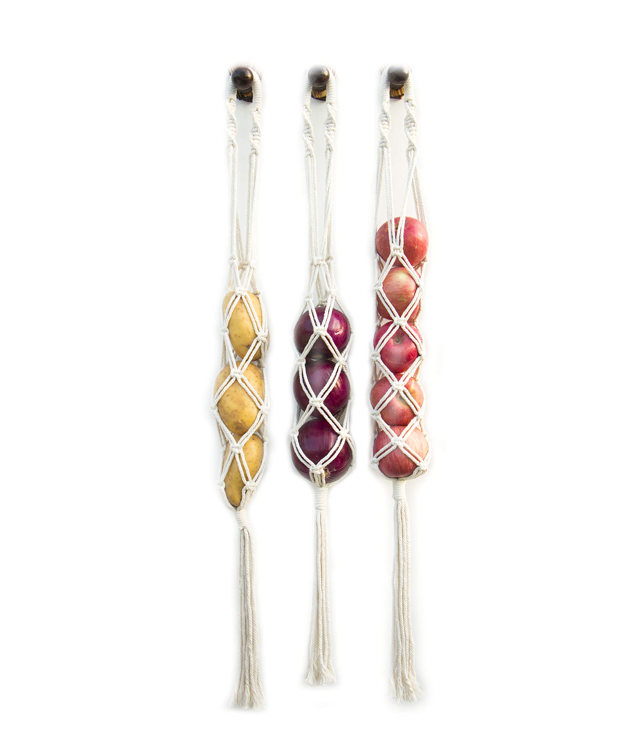Decocove Macrame Hanging Fruit Basket Set of 3 - Boho Kitchen Storage for Potatoes, Onions & Fruits - Handwoven Wall Decor for Farmhouse, Apartment & Dorm Room - Perfect for Organizing Produce & Adding Boho Chic Style