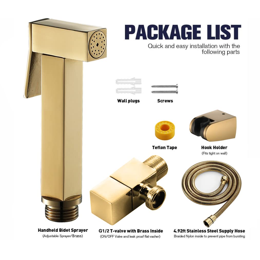 Portable Handheld Toilet Sprayer - Square Brass Shower Tap with Adjustable Spray Nozzle for Bathroom Cleaning, Cloth Diaper Washing & Pet Care (Gold) - Perfect for Home Hygiene, Baby Care and Pet Cleaning Needs