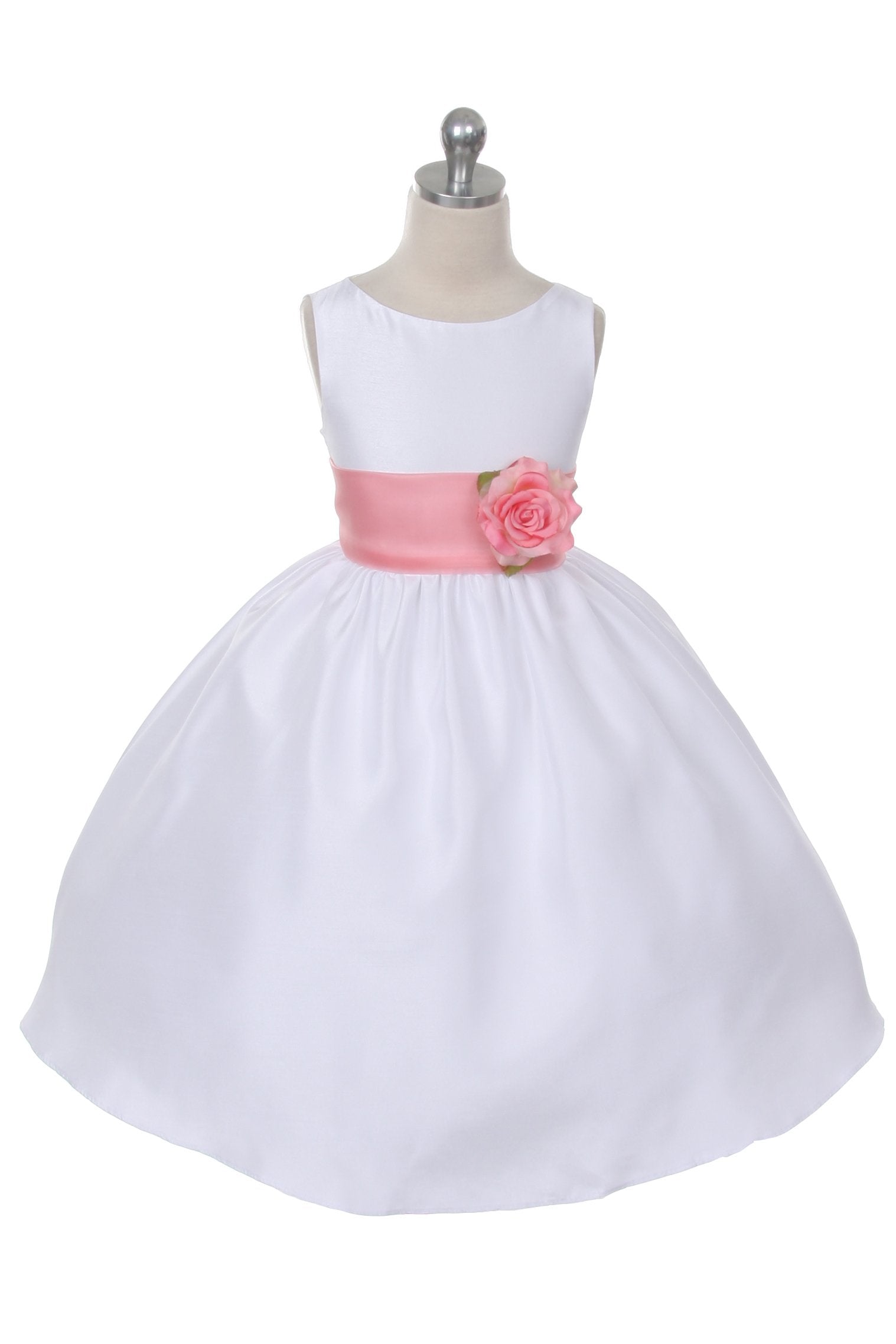 Ivory Classic Poly Silk Girls Dress with Organza Sash - Elegant Flower Girl Dress for Weddings, Parties & Special Occasions