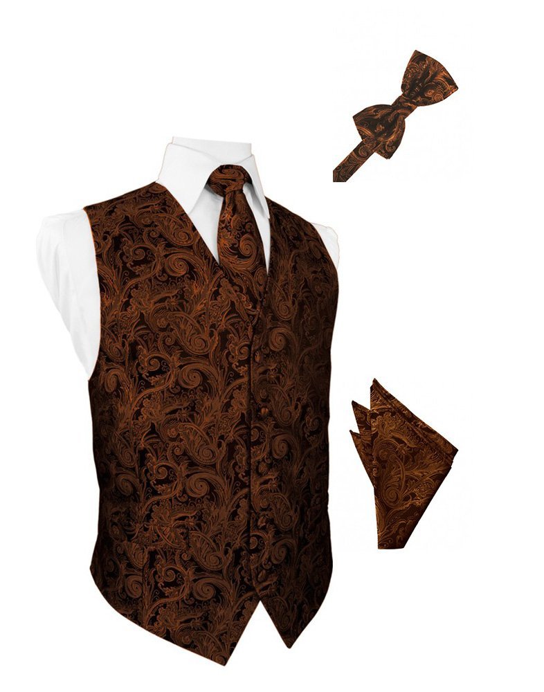 Elegant Cognac Paisley Satin Tuxedo Vest with Matching Bow Tie & Pocket Square Set - Perfect for Weddings, Prom & Formal Events