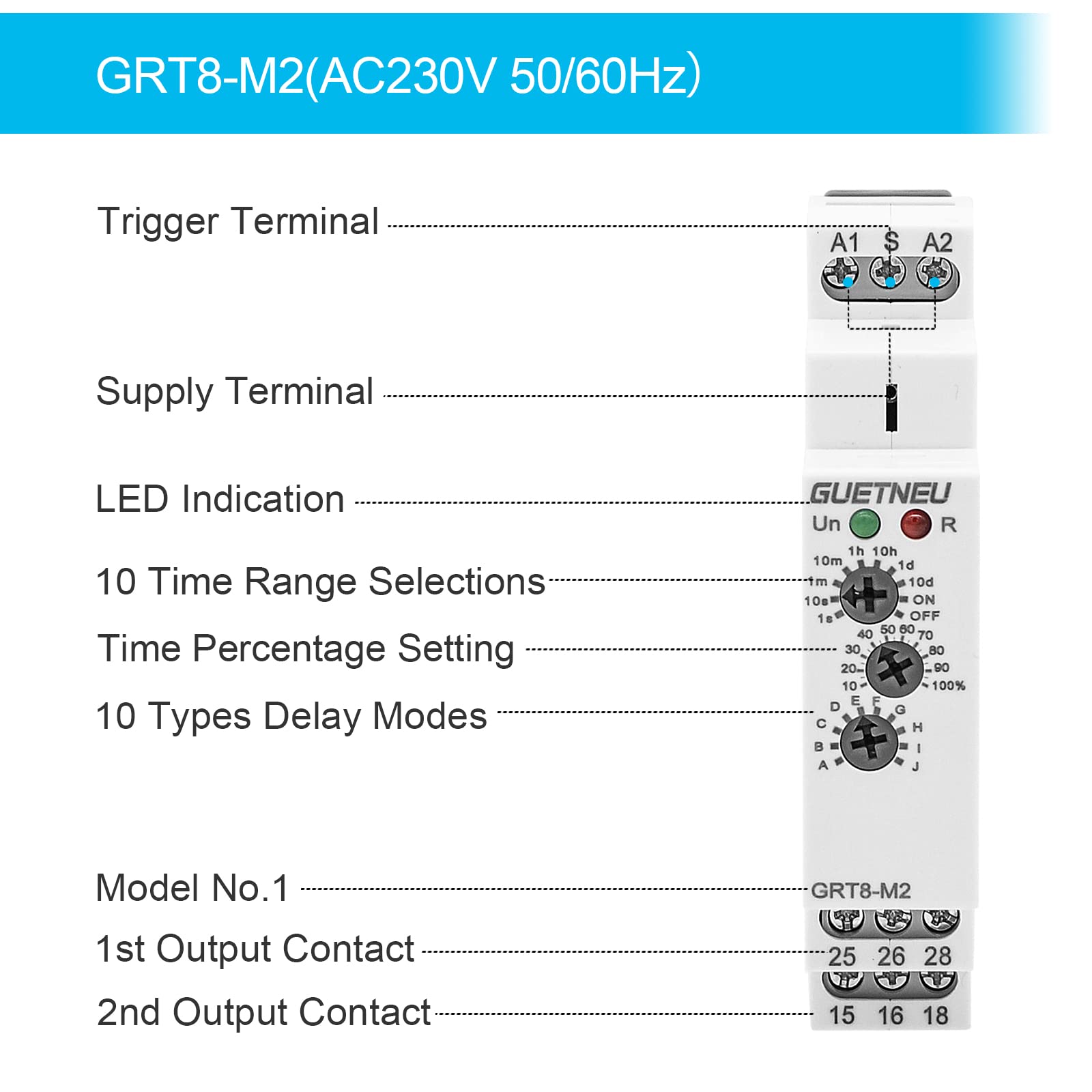 12V Relay Timer Delay Off Trigger - 10 Function Multifunctional Delay Timer with Wide Voltage for Electric Appliances - XS-SJ-M2-AC 230V DIN Rail Mount (35mm) - Perfect for Home Automation, Industrial Control & Electrical Equipment