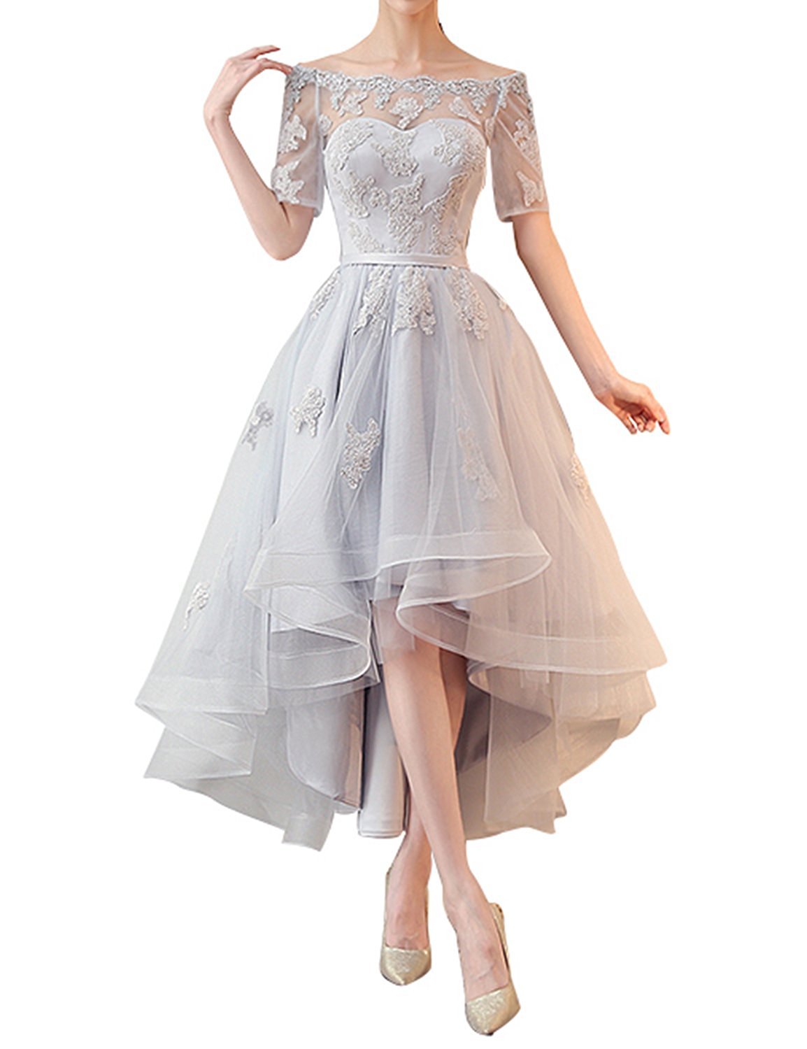 **Aiyi Women's Off-Shoulder High-Low Prom Dress Short Sleeve Cocktail Party Dress – Elegant & Flirty for Homecoming, Wedding, Date Night**