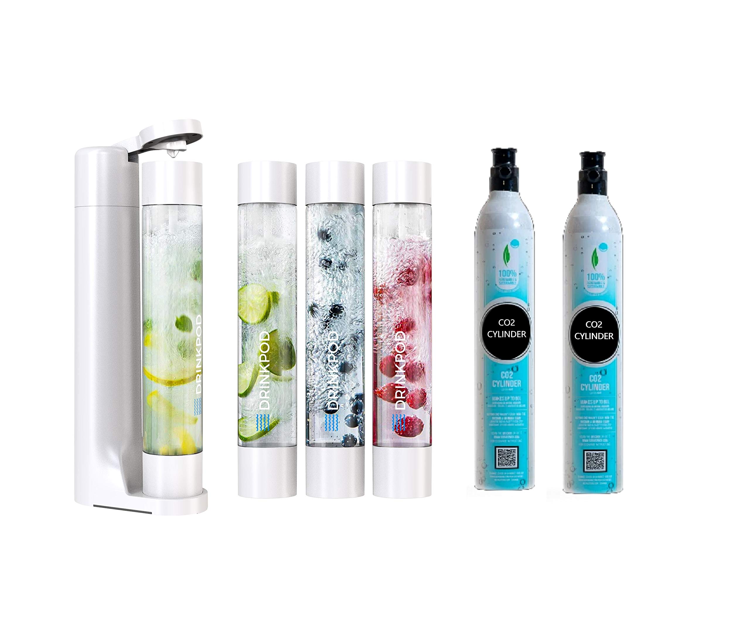 FIZZpod Soda Maker Machine - Make Sparkling Water, Juice, Coffee, Tea & Cocktails at Home | Includes 3 BPA-Free Bottles, 3 Caps, Carbonator Cap & Manual | Perfect for Kitchen, Office & Parties (White + 2 CO2 Cylinders)