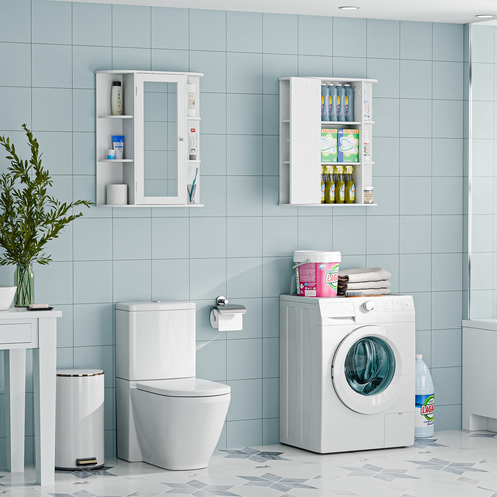 Premium White Wall Mount Medicine Cabinet with Mirror Door & Adjustable Shelves - 6 Open Storage Shelves for Bathroom Organization - Perfect for Small Spaces & Modern Bathrooms