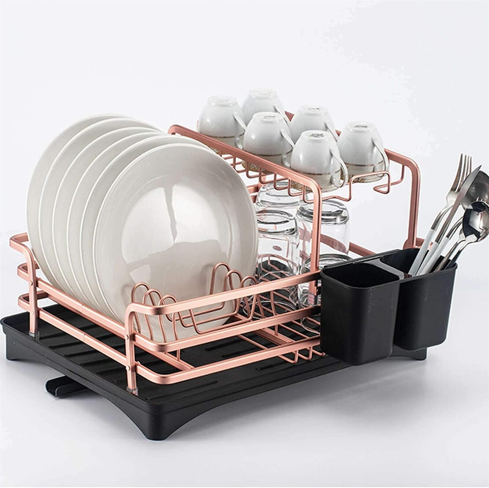 Stainless Steel Kitchen Dish Drainer Rack with Cutlery Holder & Drip Tray - Space Saving Sink Organizer for Plates, Cups and Utensils - Perfect for Small Kitchens, Apartments and RV Use