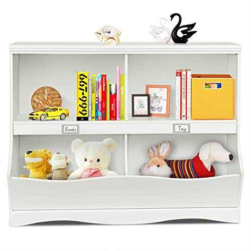 HOMGX Kids Toy Storage Organizer - 2 Shelf & 4 Bin Open Cubby with Footboard | White Toy Shelf for Bedroom, Playroom & Nursery Organization