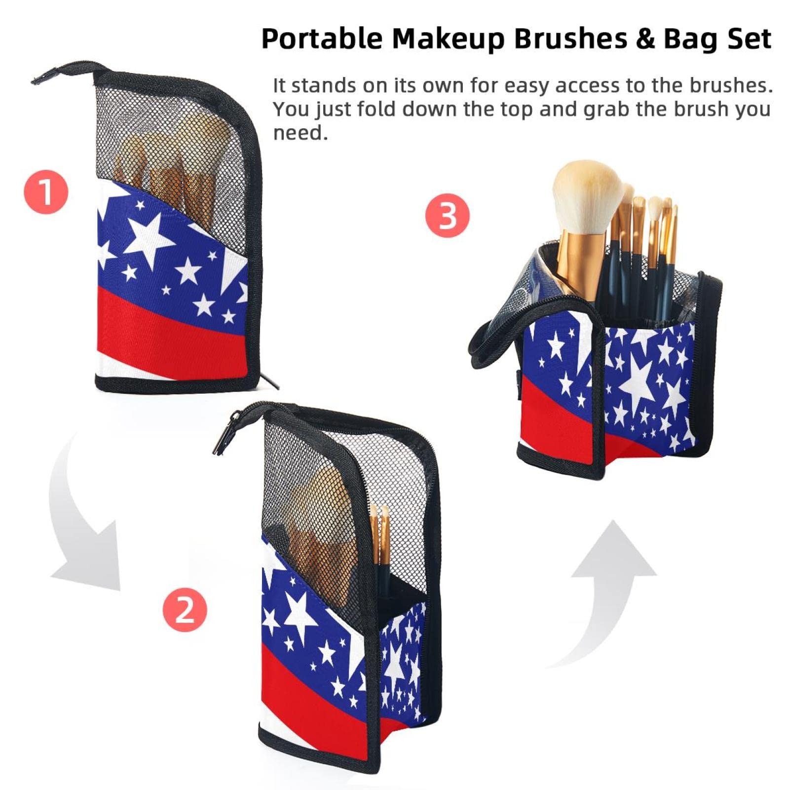 12-Piece Makeup Brush Organizer Bag with American Flag Striped Design - Portable Makeup Brush Holder Case for Travel & Home Storage