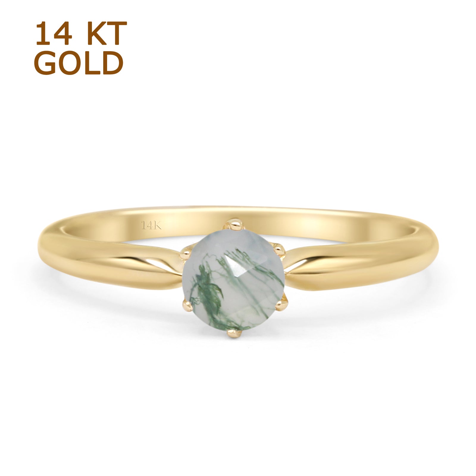 14K Yellow Gold Petite Dainty Round Solitaire Natural Green Moss Agate Ring for Women - Elegant Minimalist Jewelry Gift for Anniversary, Birthday & Everyday Wear