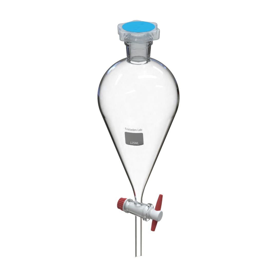 Premium 125 mL Borosilicate Glass Separatory Funnel with PTFE Stopcock Valve | 24/29 Joint Size | Lab-Grade Chemical Separation Equipment | Ideal for Organic Chemistry, Essential Oil Extraction & Liquid-Liquid Separation (125ml, Clear)