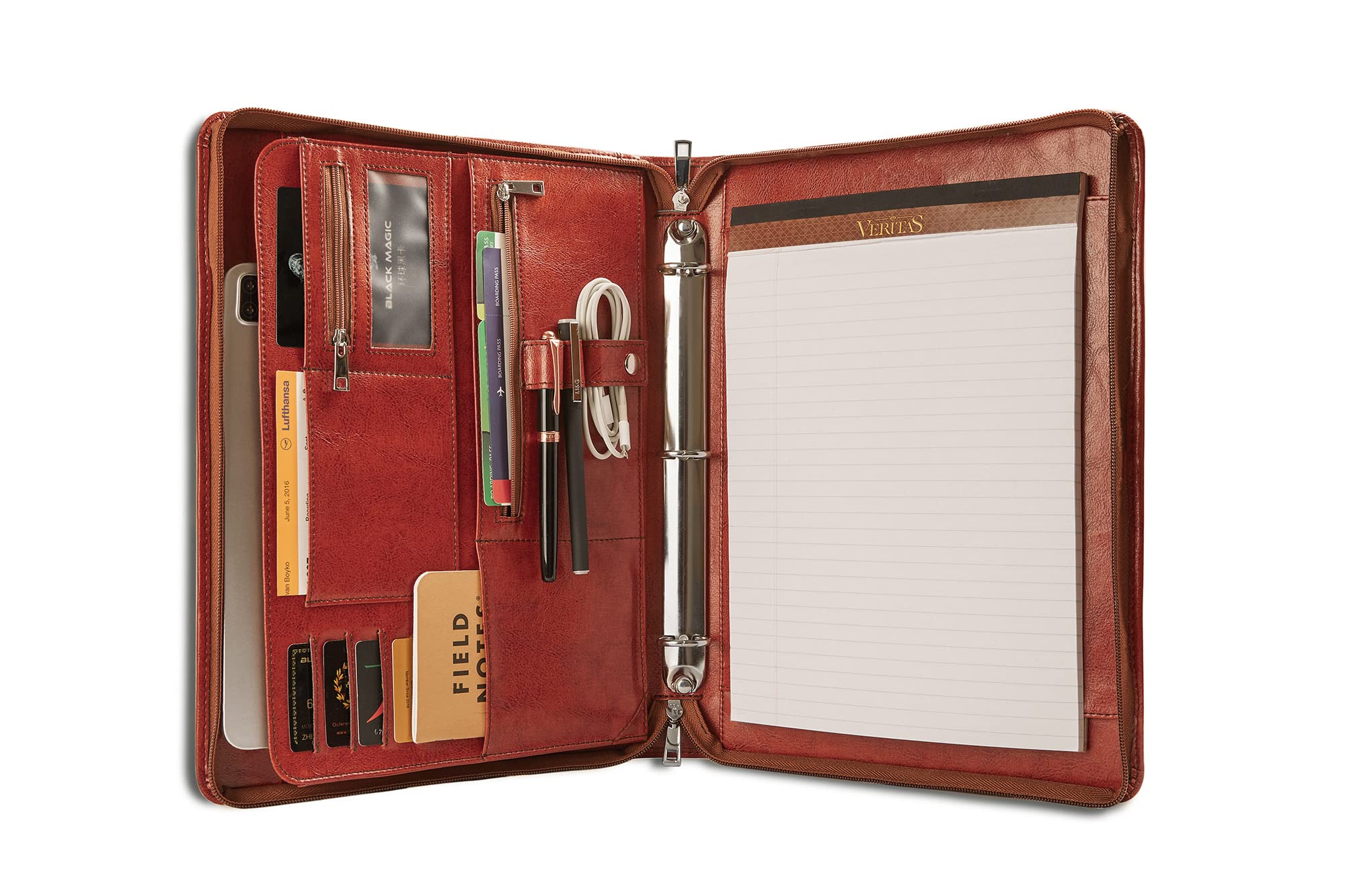 Premium Vegan Leather Portfolio Binder - Personalized 3-Ring Padfolio Organizer for Business & Travel | Custom Brown Portfolio Notebook for Professionals, Students & Office Use