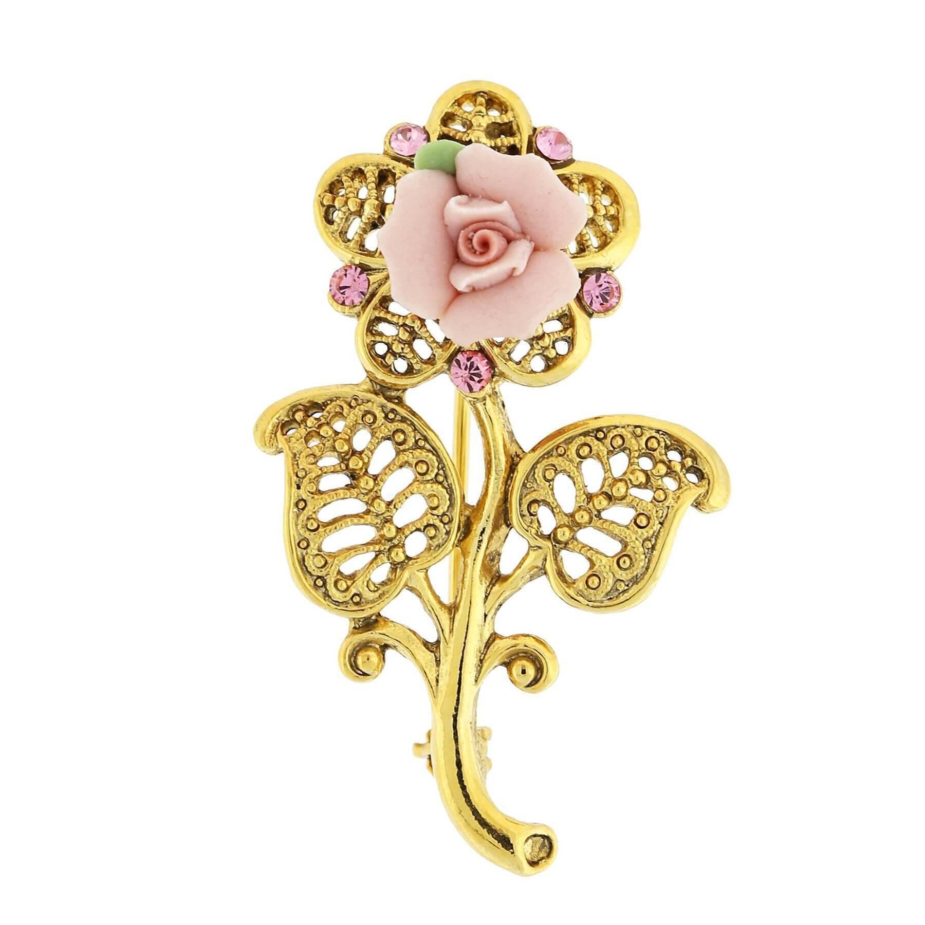 1928 Vintage Bridal Pink Crystal & Porcelain Rose Brooch Pin - Perfect for Wedding Bouquets, Veils & Bridal Accessories