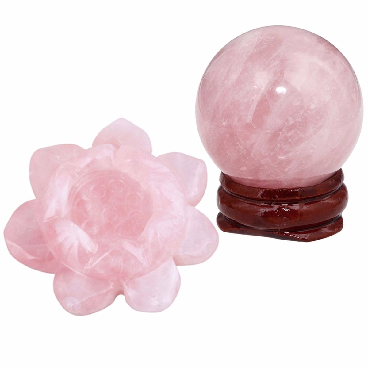 Natural Rose Quartz Crystal Ball Healing Figurine on Rose Quartz Lotus Flower (2
