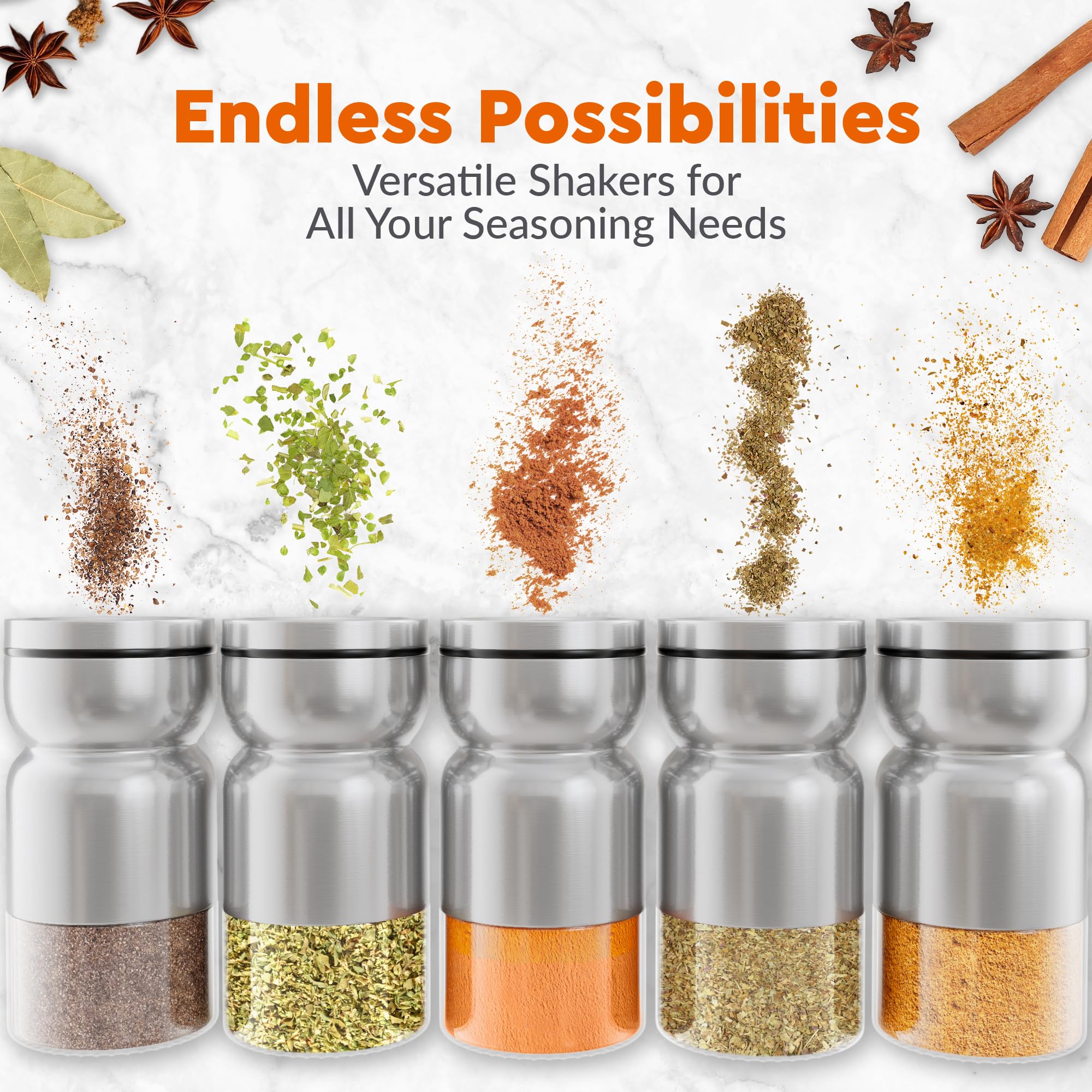 Premium Glass & Stainless Steel Salt and Pepper Shakers Set with Adjustable Pour Holes - Farmhouse Style Spice Dispenser for Salt, Pepper & Seasonings - Perfect for Kitchen, Dining Table & Restaurant Use