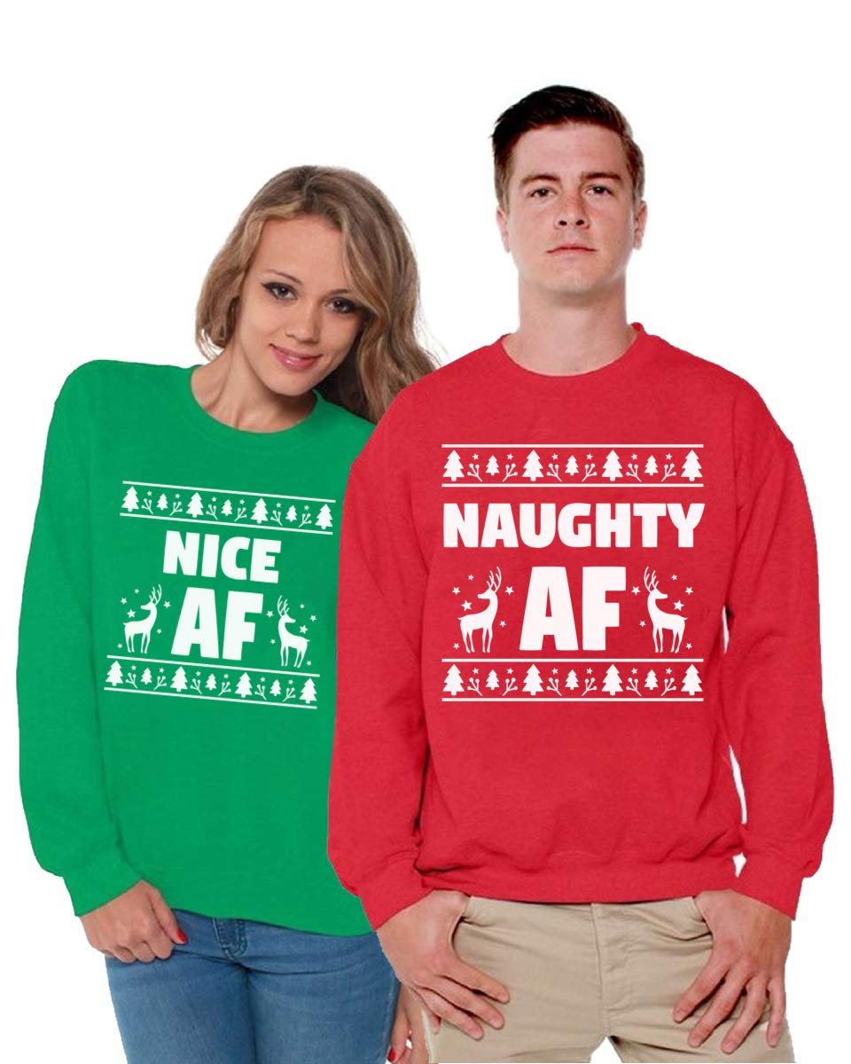 Awkward Styles Matching Couples Sweatshirts - Funny Christmas Family Sweater Set (Naughty & Nice AF) for Holiday Photos & Cozy Winter Outfits
