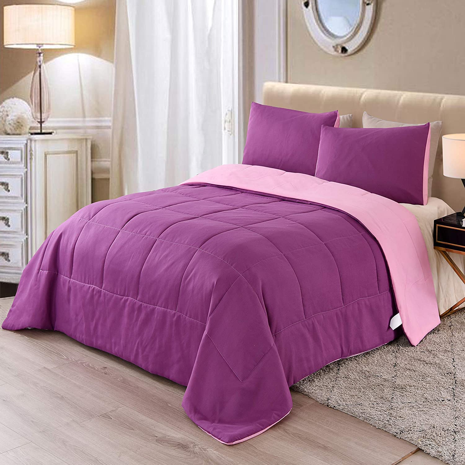 All Season Down Alternative Reversible Comforter - 100% Cotton, 500 GSM Fill, Lightweight Comforter Set (3-Piece Bed in a Bag) - King/Cal-King Size, Purple & Pink - Perfect for Master Bedrooms, Guest Rooms & Cozy Home Decor