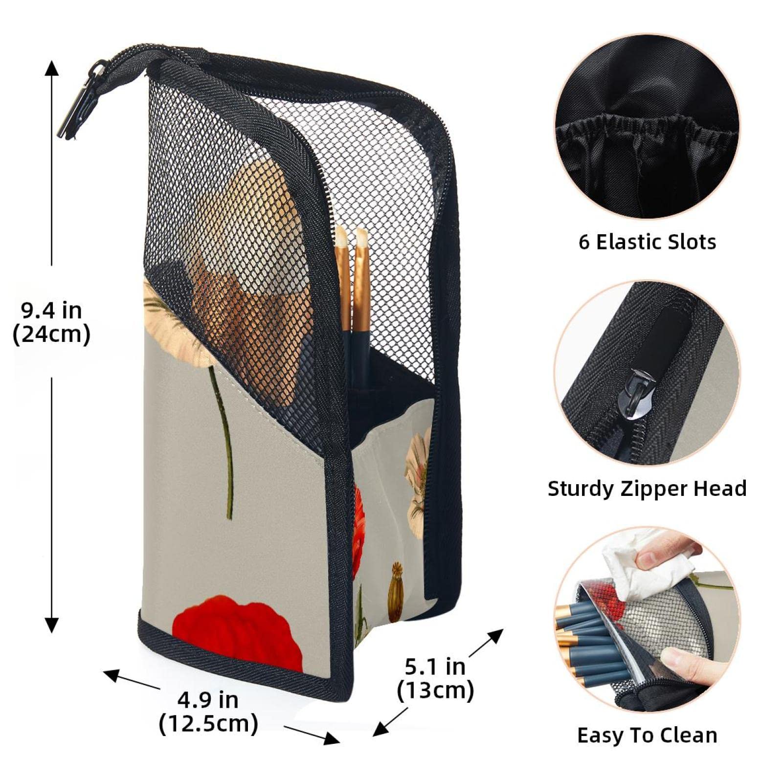 12-Piece Makeup Brush Organizer Bag with Poppy Flowers Design - Portable Cosmetic Brush Holder Case for Travel & Home Storage