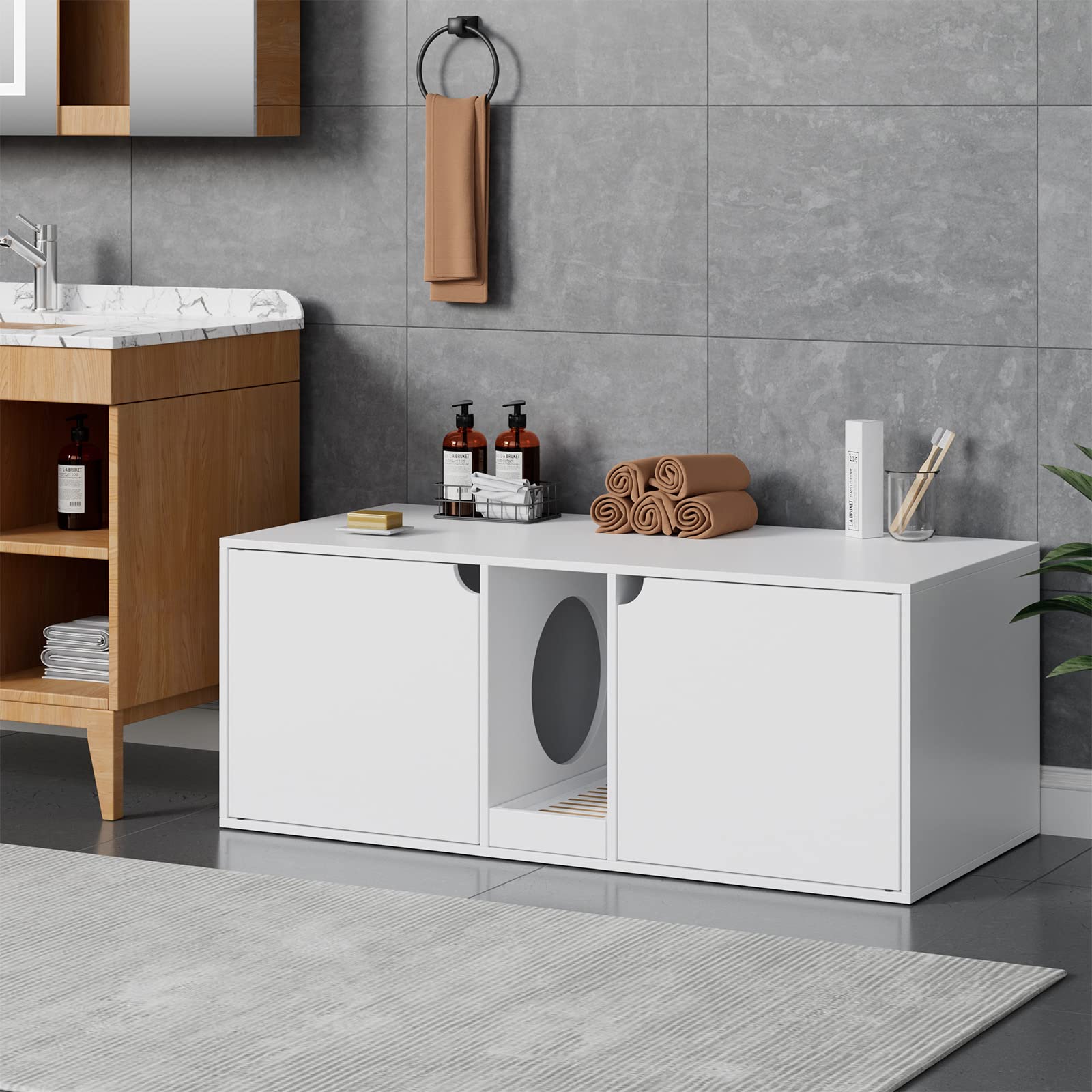 Modern Wooden Cat Litter Box Enclosure for 2 Cats - Stackable Large Cat Washroom Storage Cabinet with Removable Tray - Multi-Functional Bench & End Table Furniture (White) - Perfect for Living Rooms, Bedrooms & Small Spaces