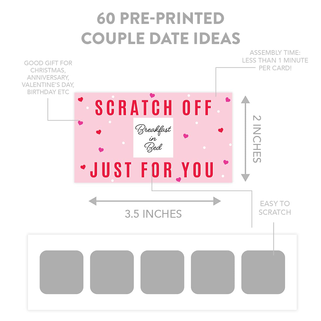 Andaz Press 60 Pre-Printed DIY Pink & Red Hearts Date Night Scratch Off Cards - Romantic Couples Game for Valentine's Day, Anniversary & Relationship Building - Fun Gift Idea for Boyfriend, Girlfriend & Married Couples - Perfect for Date Nights, Surprise Adventures & Quality Time Together