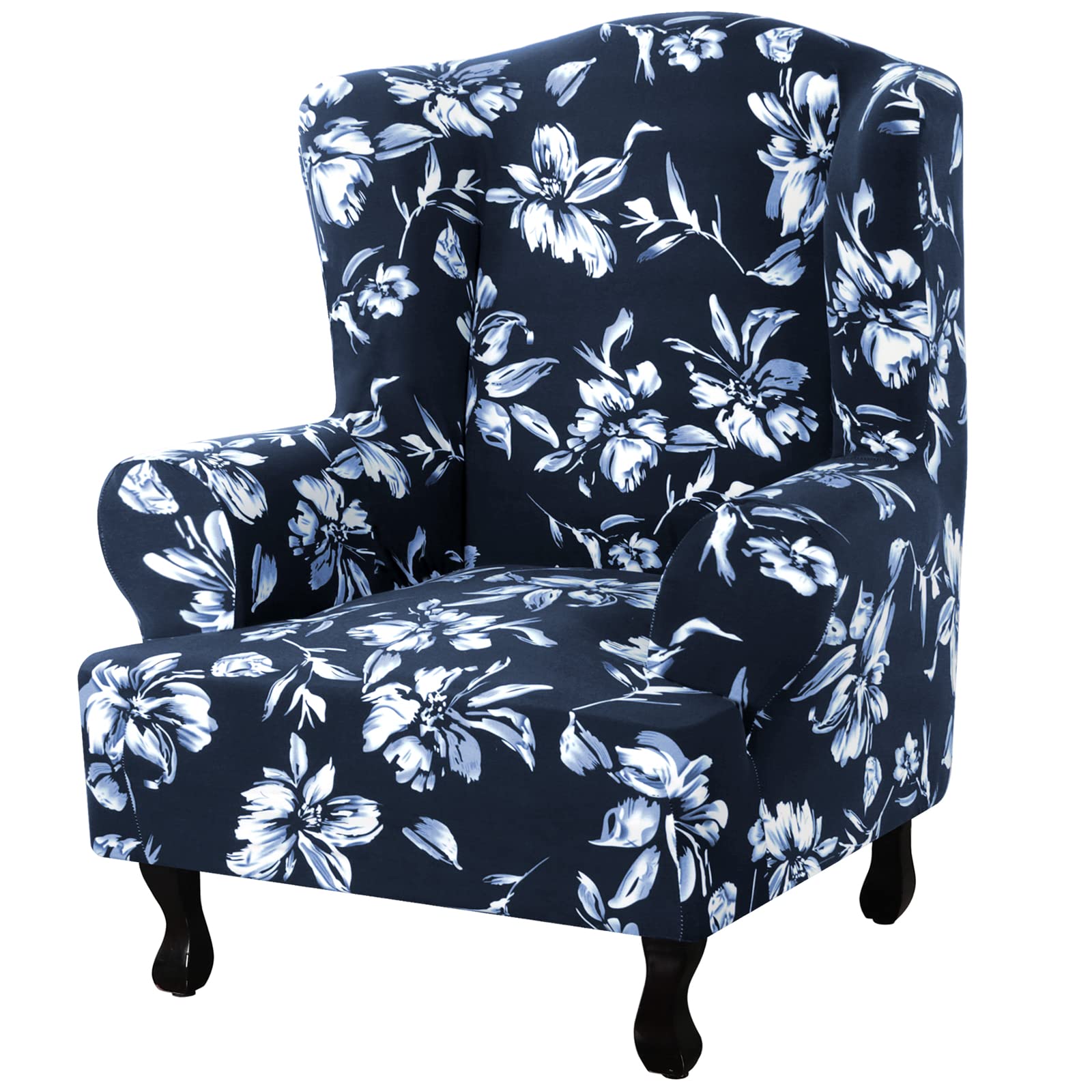 Floral Printed Wingback Chair Slipcover - Super Stretch Modern Style Wing Chair Cover with Elastic Bottom - 1-Piece Furniture Protector for Living Room, Bedroom, Office (Navy Blue)