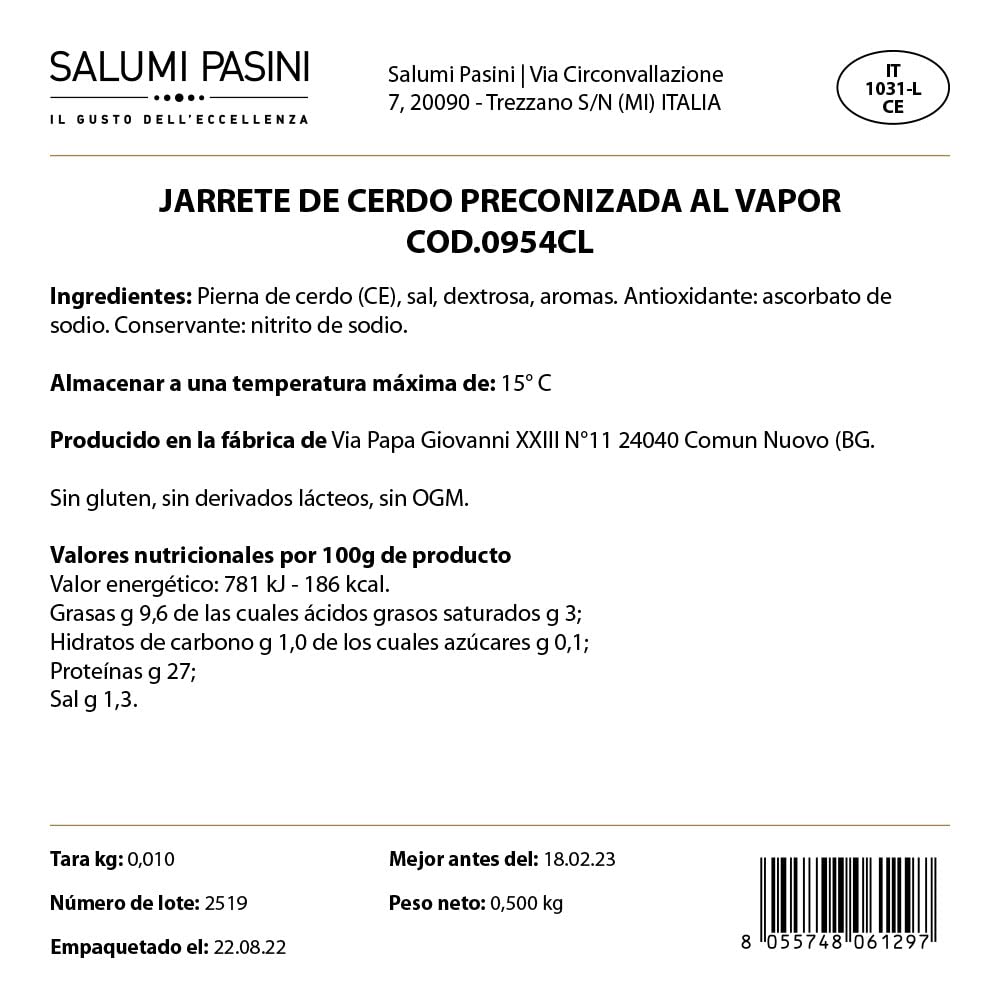 Salumi Pasini® Pork Shank - 500g Canned Pre-Steamed Pork | Gluten-Free, Lactose-Free | Ready-to-Eat Meal, Camping Food & Emergency Supply