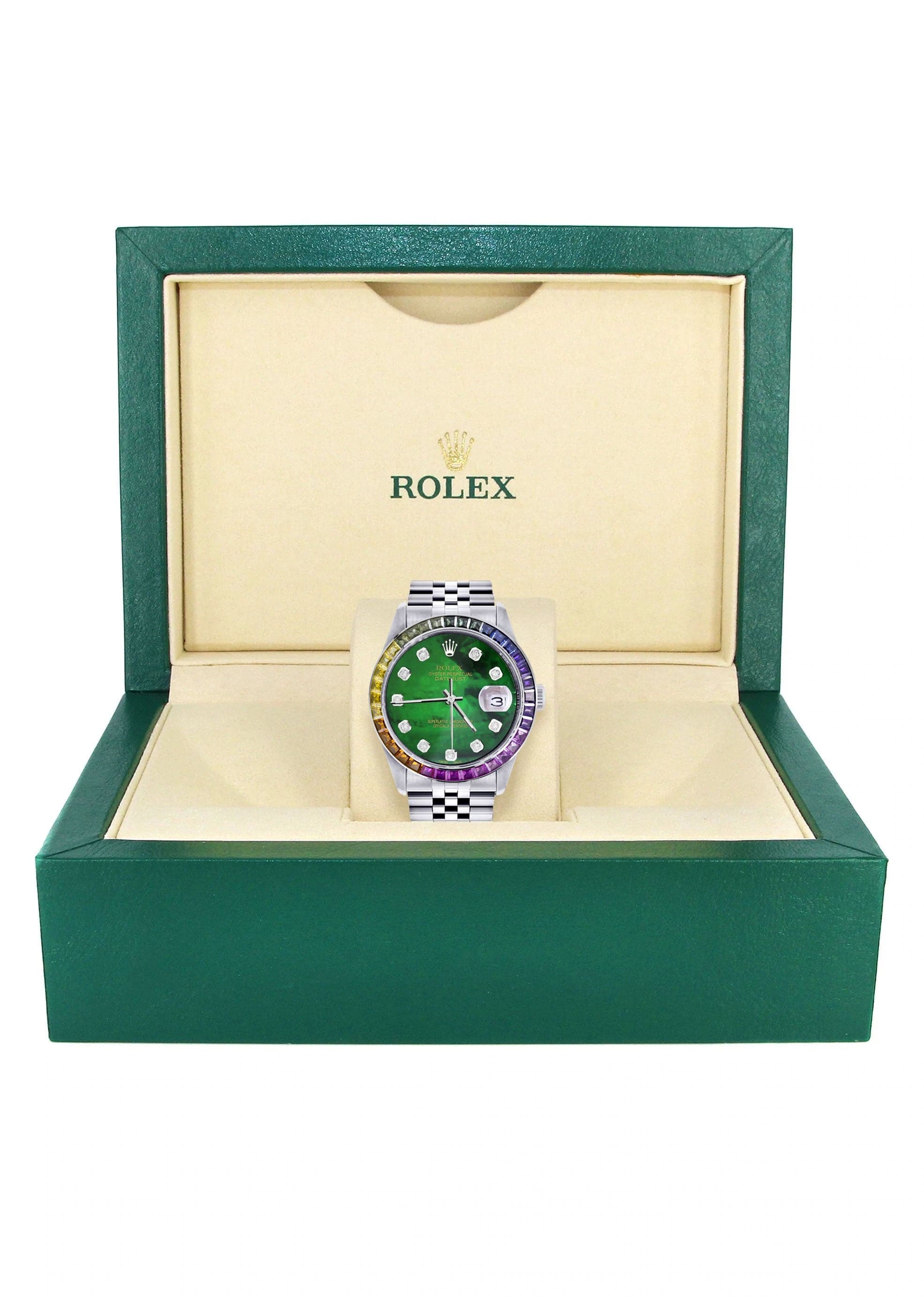 Luxury Diamond Gold Rolex Watch For Men 16200 | 36mm Stainless Steel | Rainbow Sapphire Bezel | Green Mother of Pearl Dial | Jubilee Bracelet | Perfect for Business, Gifts & Special Occasions
