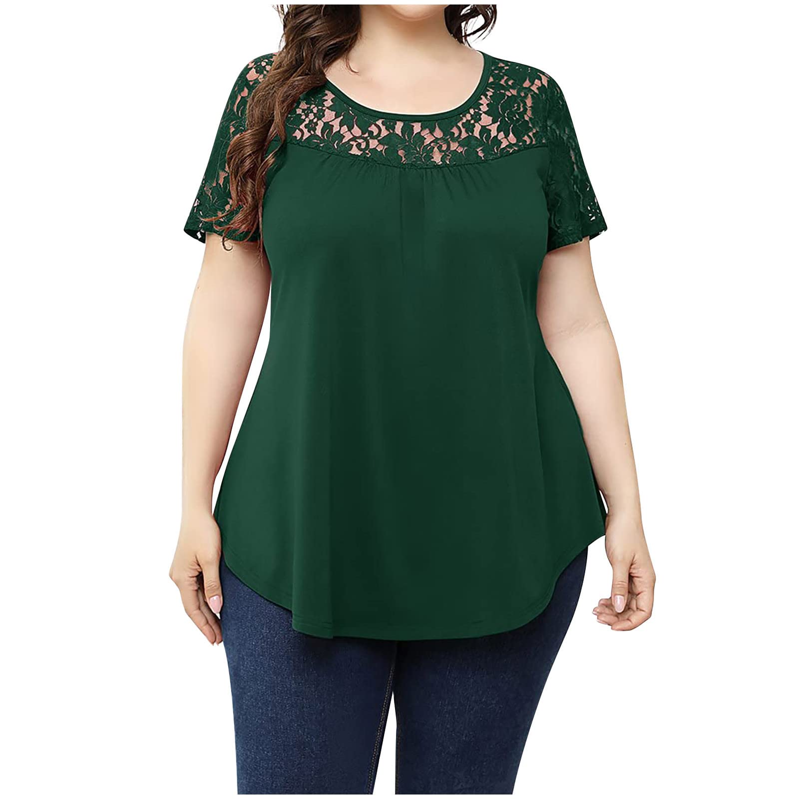 Trendy Plus Size Summer Tops for Women - Lace Short Sleeve Tee for Casual Outings