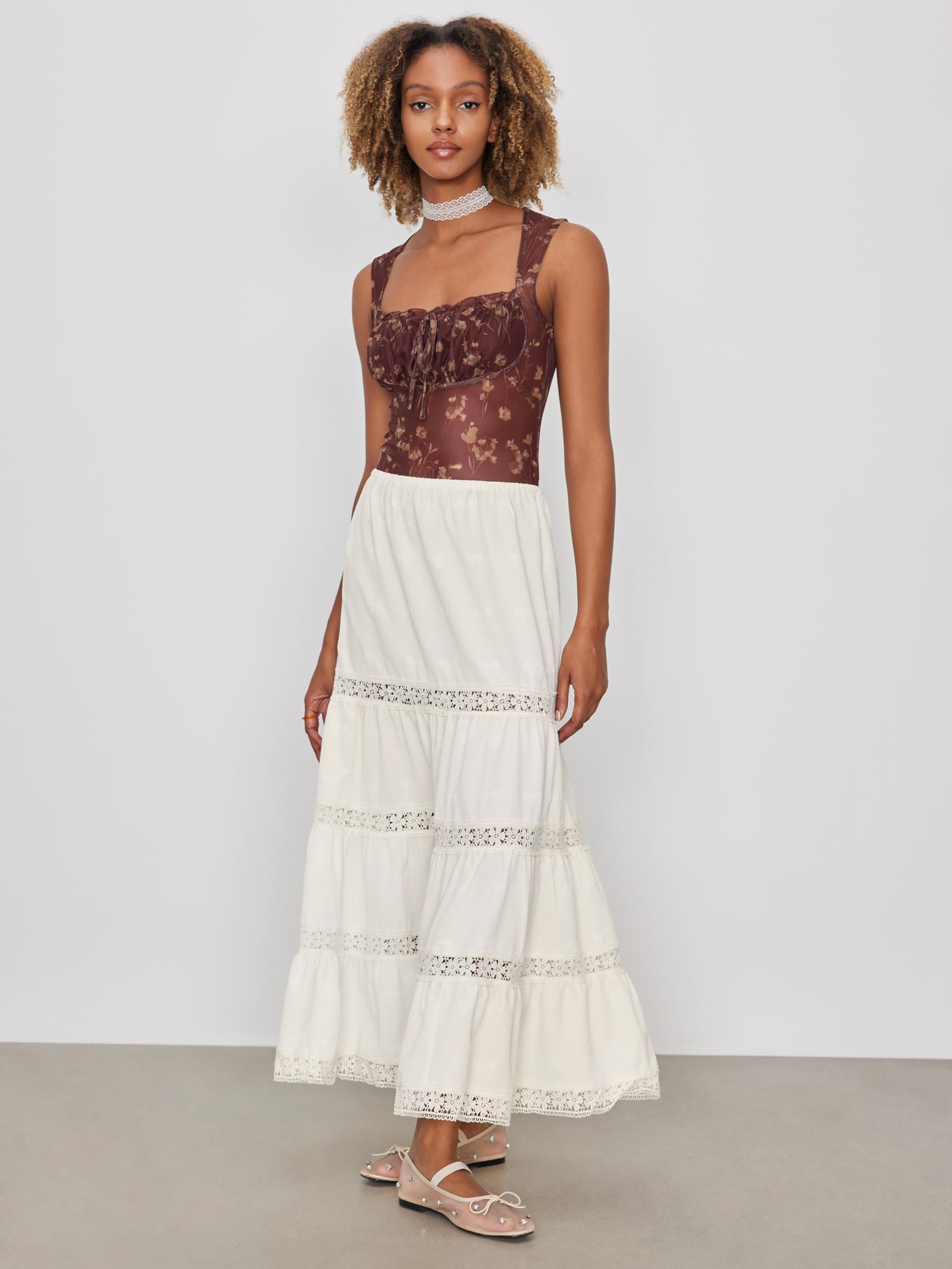 Santorini Beach Vacation Floral Ruffle Hem Tiered Maxi Skirt - Boho Chic Woven Midi Skirt for Women | Perfect for Summer Vacations, Beach Parties & Date Nights