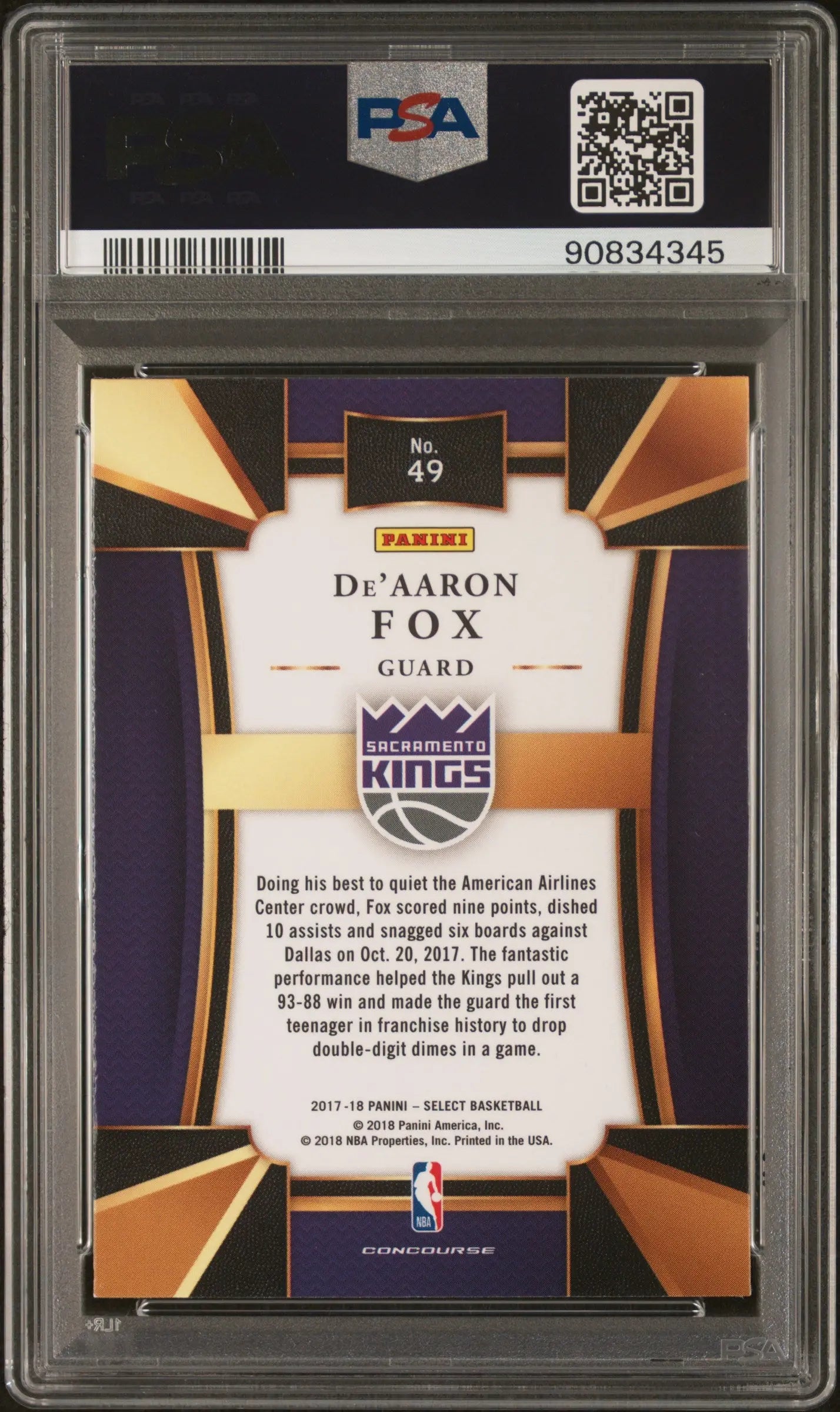 2017 Panini Select Basketball De'Aaron Fox RC Rookie Card PSA 10 Gem Mint - Perfect for NBA Collectors & Sacramento Kings Fans Display