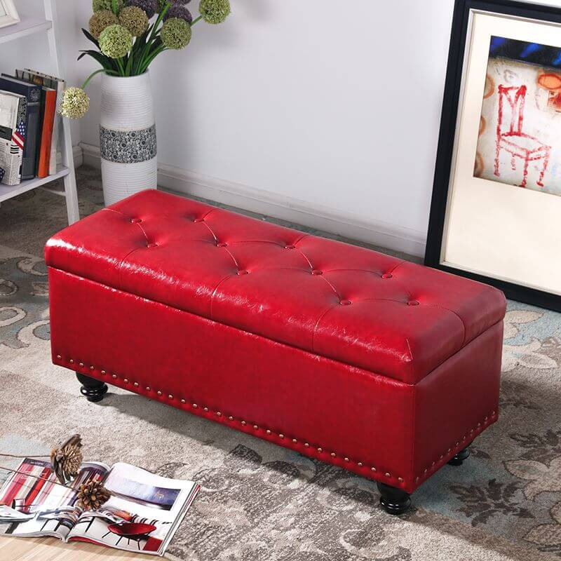 Water Resistant Stitch Tufted Upholstered Storage Ottoman with Nailhead Trim - Green/Peony/Butter Color, Modern Style with Legs - Perfect for Living Room, Bedroom & Home Office Organization