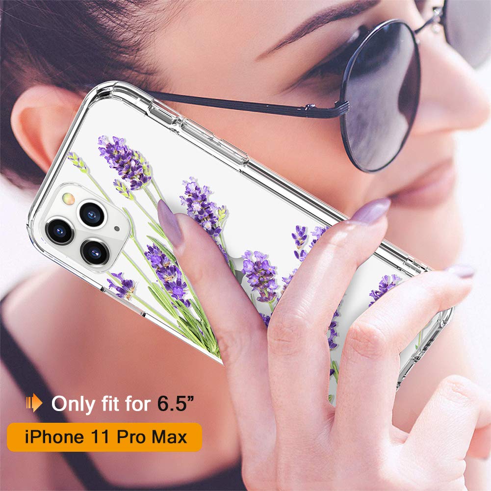 GiiKa Clear Floral Shockproof Hard PC Case with TPU Bumper & Screen Protector for iPhone 11 Pro Max | Protective Phone Cover for Women | Perfect for Everyday Use, Work & Travel - Purple Flowers Design