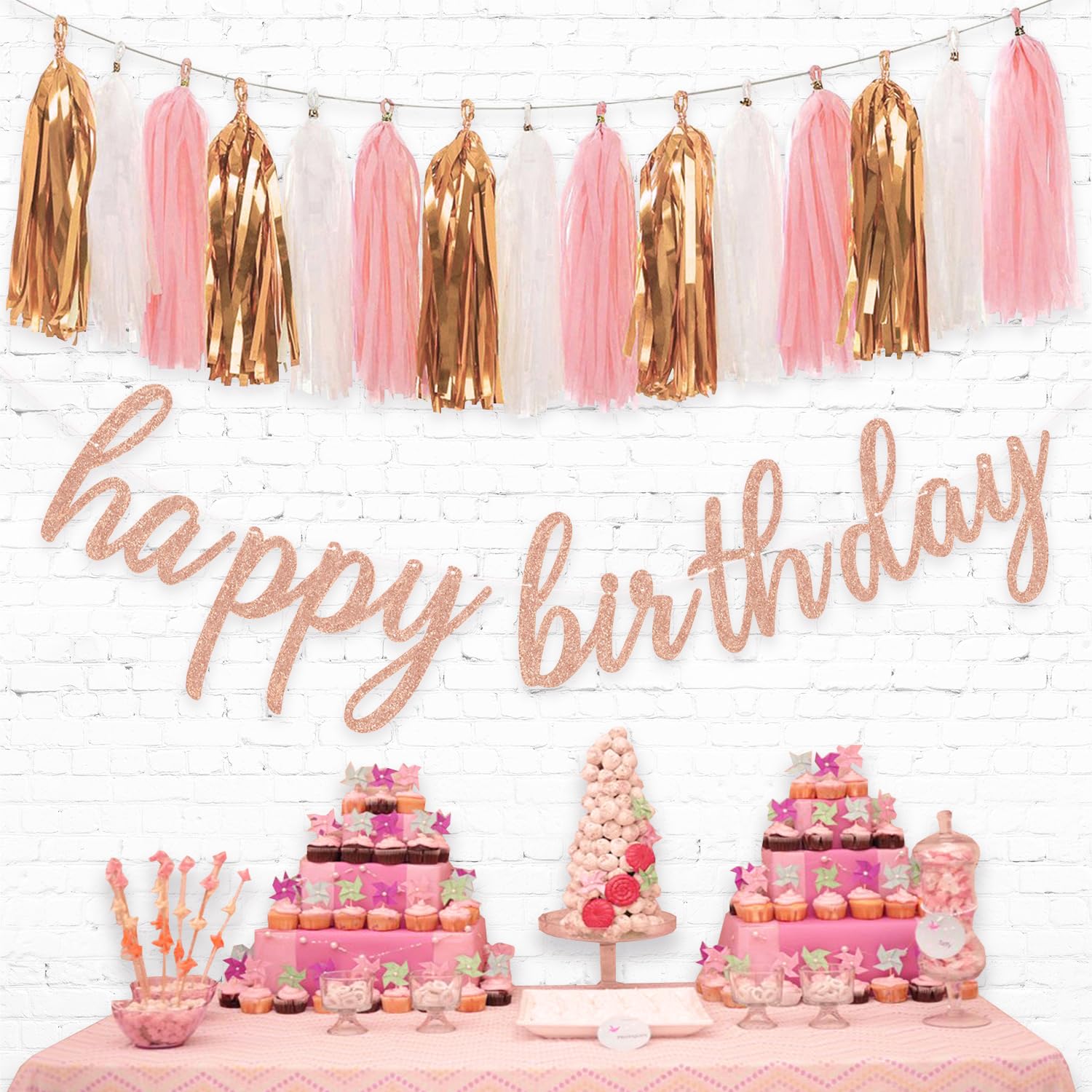 Rose Gold Happy Birthday Decorations - Glittery Birthday Banner & Tissue Tassel Garland for Party Decor | Perfect for Birthday Celebrations, Baby Showers & Anniversary Parties