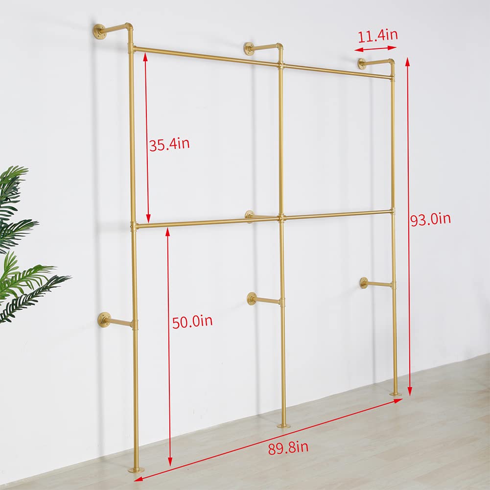 Heavy Duty Industrial Pipe Clothes Rack - 89.8 Inch Gold Metal Garment Rack for Clothing Store Display & Closet Storage - Wall Mounted Hanging Rod for Retail Shops, Boutiques, and Home Organization