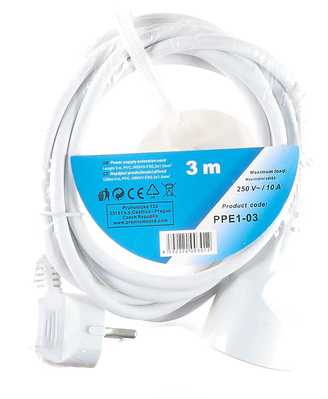 PPE1-03 White Power Extension Cord - 3 Outlet Surge Protector with 6ft Cable for Home Office & Workshop Use