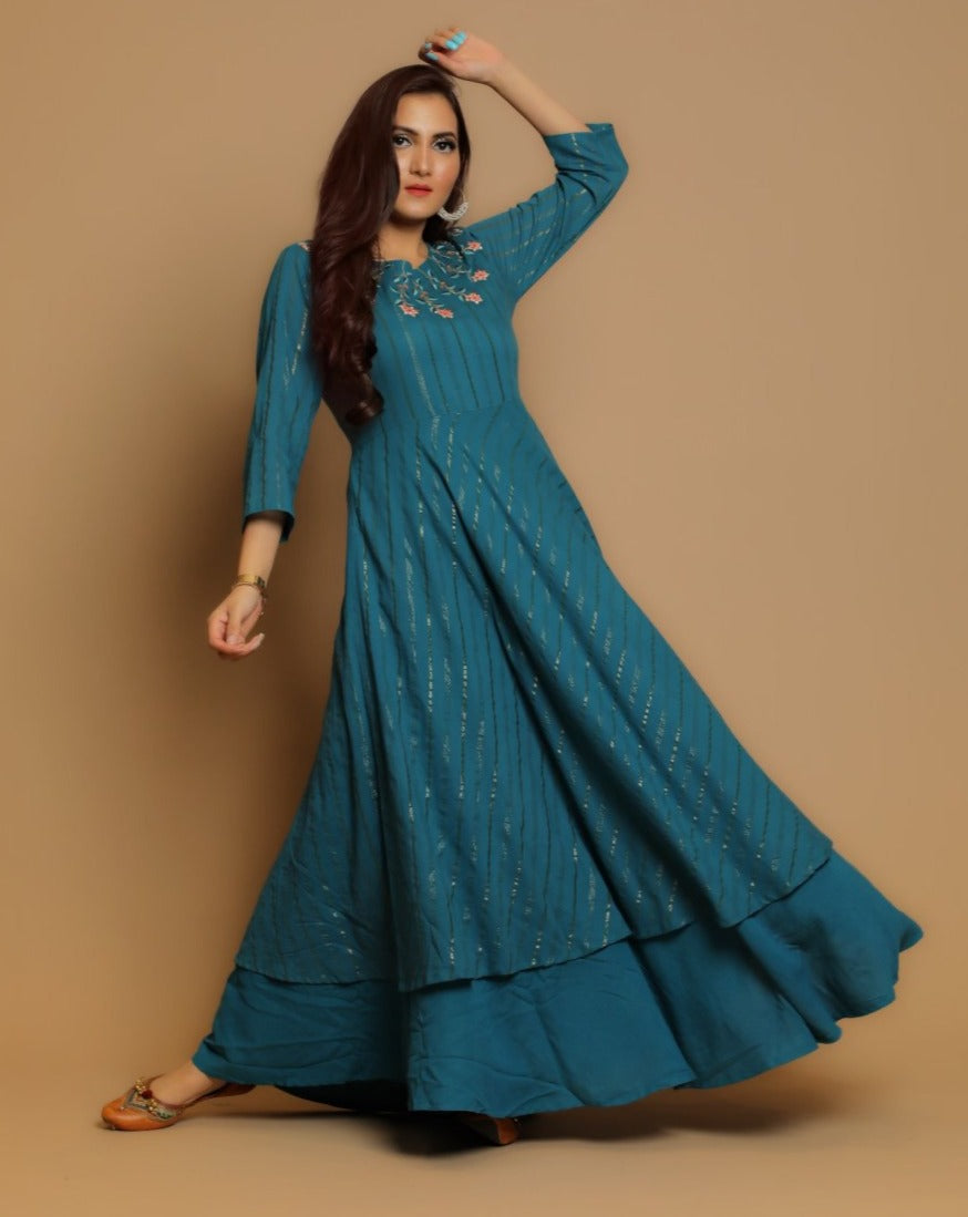 Elegant Teal Blue Embroidered Maxi Dress for Women - Perfect for Festive Occasions, Weddings & Summer Parties
