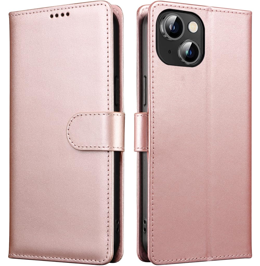 Premium Genuine Leather iPhone 15 Wallet Case with RFID Blocking, Kickstand & Magnetic Closure - Anti-Theft Credit Card Holder for Cash & Cards (Rose Gold) - Perfect for Travel, Work & Daily Protection