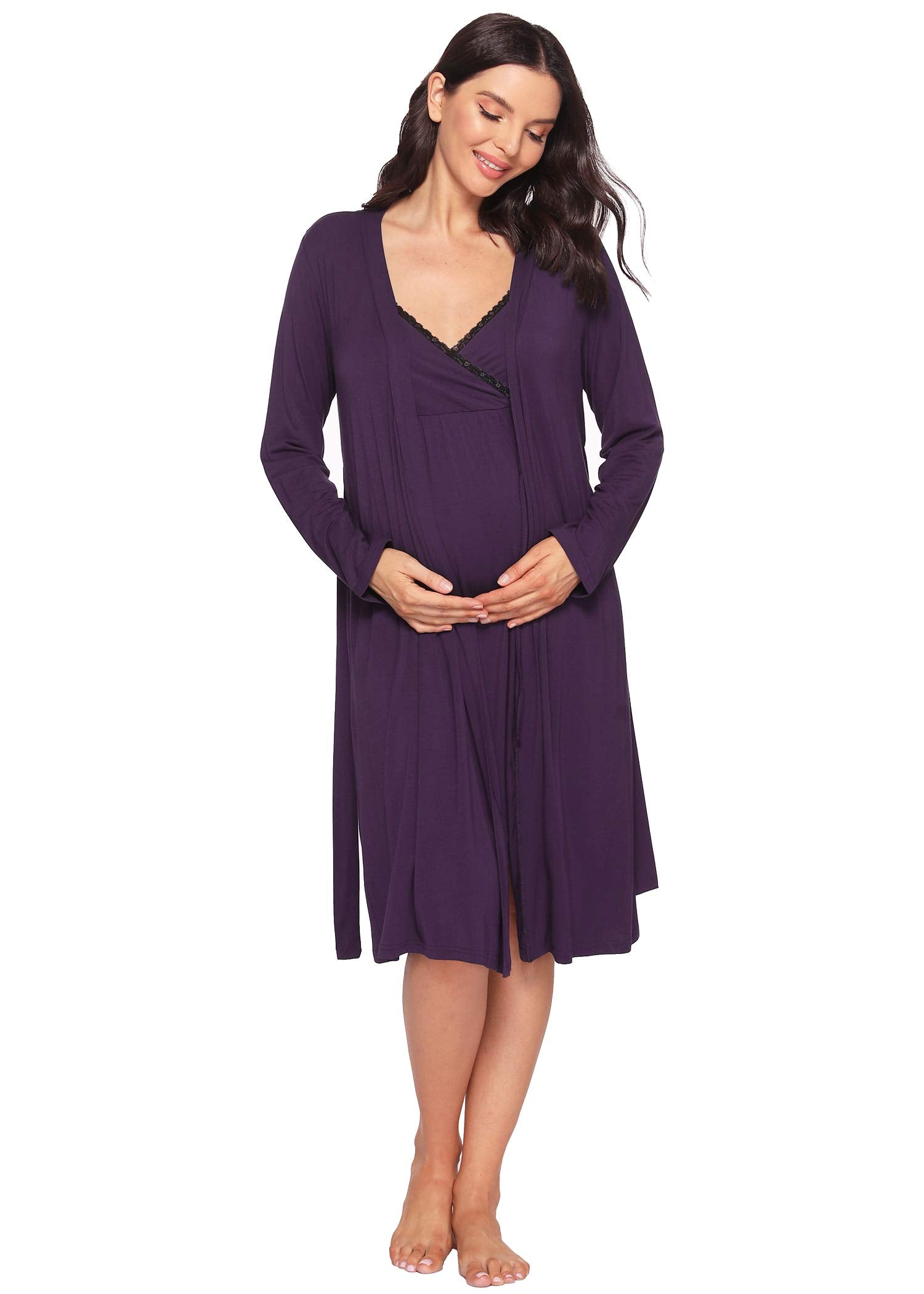 Soft & Comfortable Women's Bamboo Viscose Nursing Nightgown & Robe Set - Breastfeeding Pajamas for New Moms - Perfect for Maternity, Postpartum & Nursing at Home