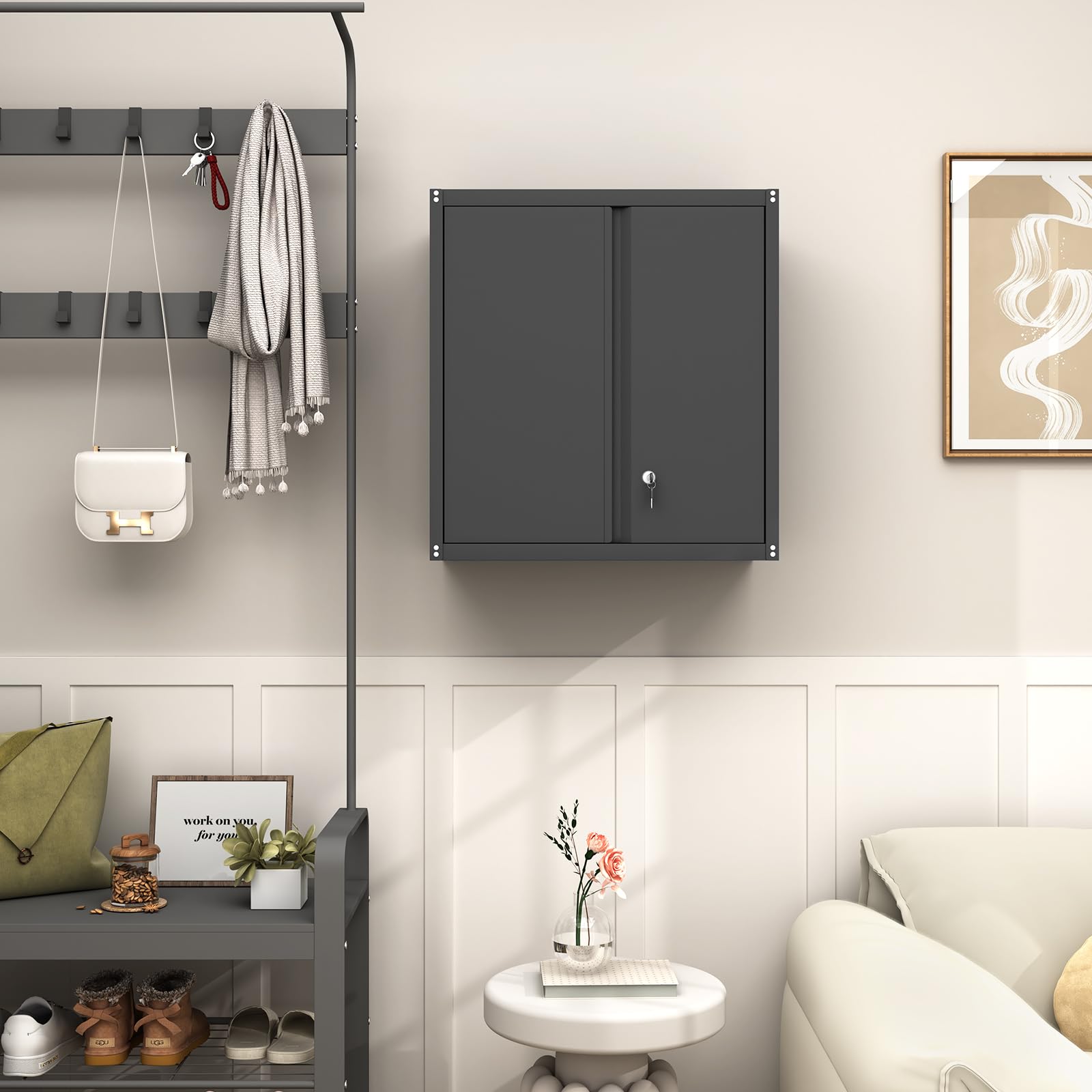 GREATMEET Black Metal Wall Mounted Storage Cabinet with Lock & Adjustable Shelf - Heavy Duty Garage Utility Cabinet for Tools, Workshop Organization & Home Storage