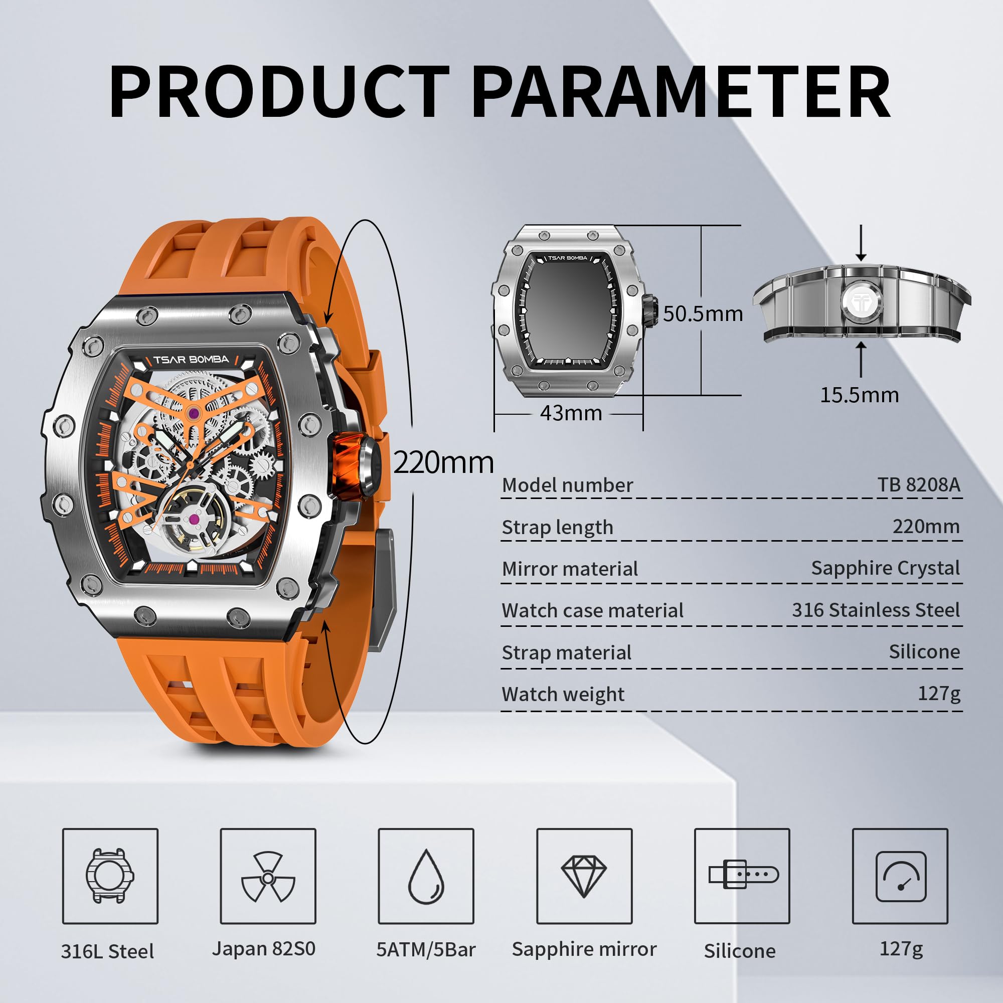 TSAR BOMBA Luxury Men's Watch - 50M Waterproof Tonneau Chronograph with Silicone Band, Mechanical Movement - Perfect for Business, Casual Wear & Gift Giving