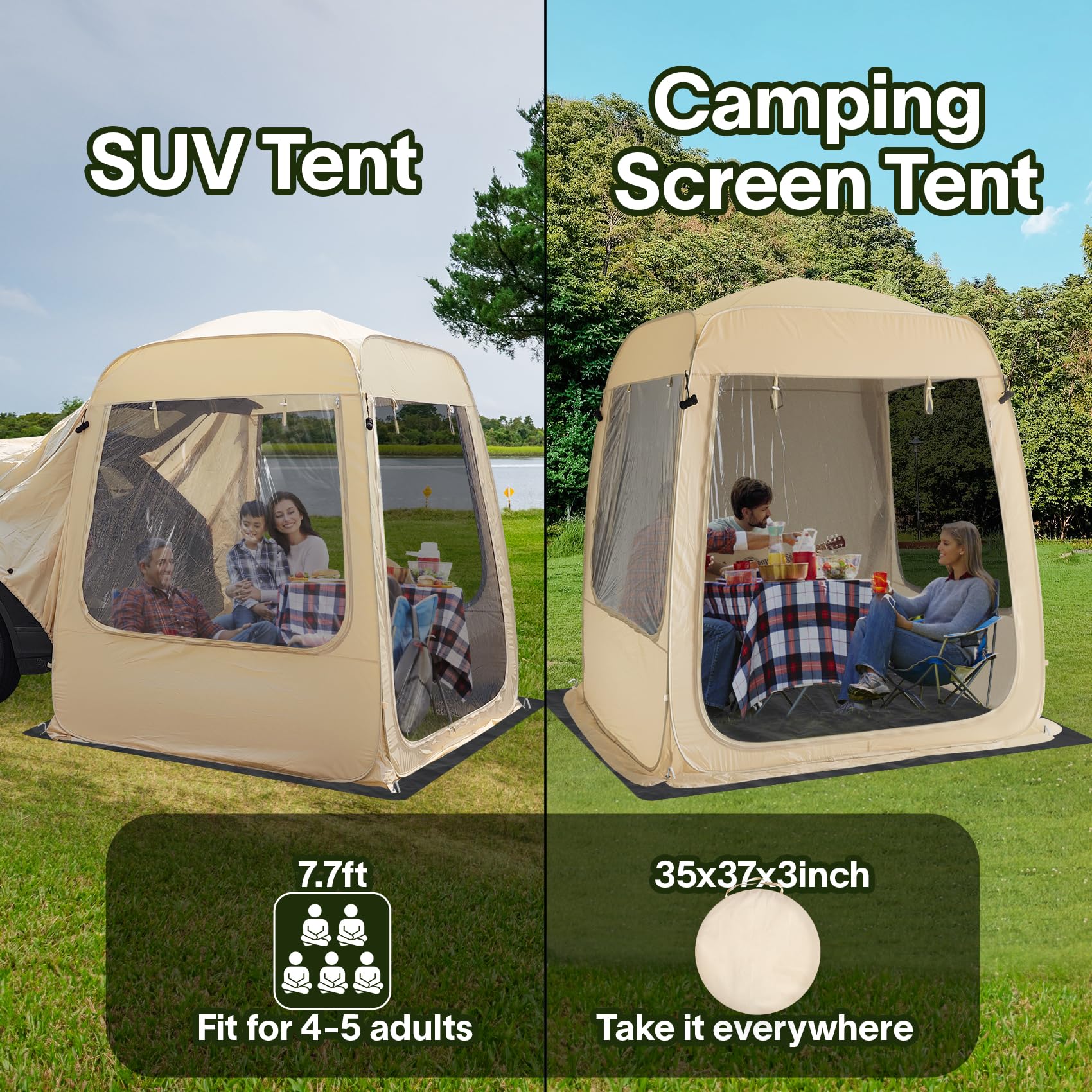 All-Weather Camping Screen Tent & SUV Tent - Waterproof PVC Shelter with Mesh for Outdoor Adventures | Portable Pop-Up Instant Tent for Car, Van, RV Camping | Perfect for Beach Trips, Backyard BBQs & Family Camping