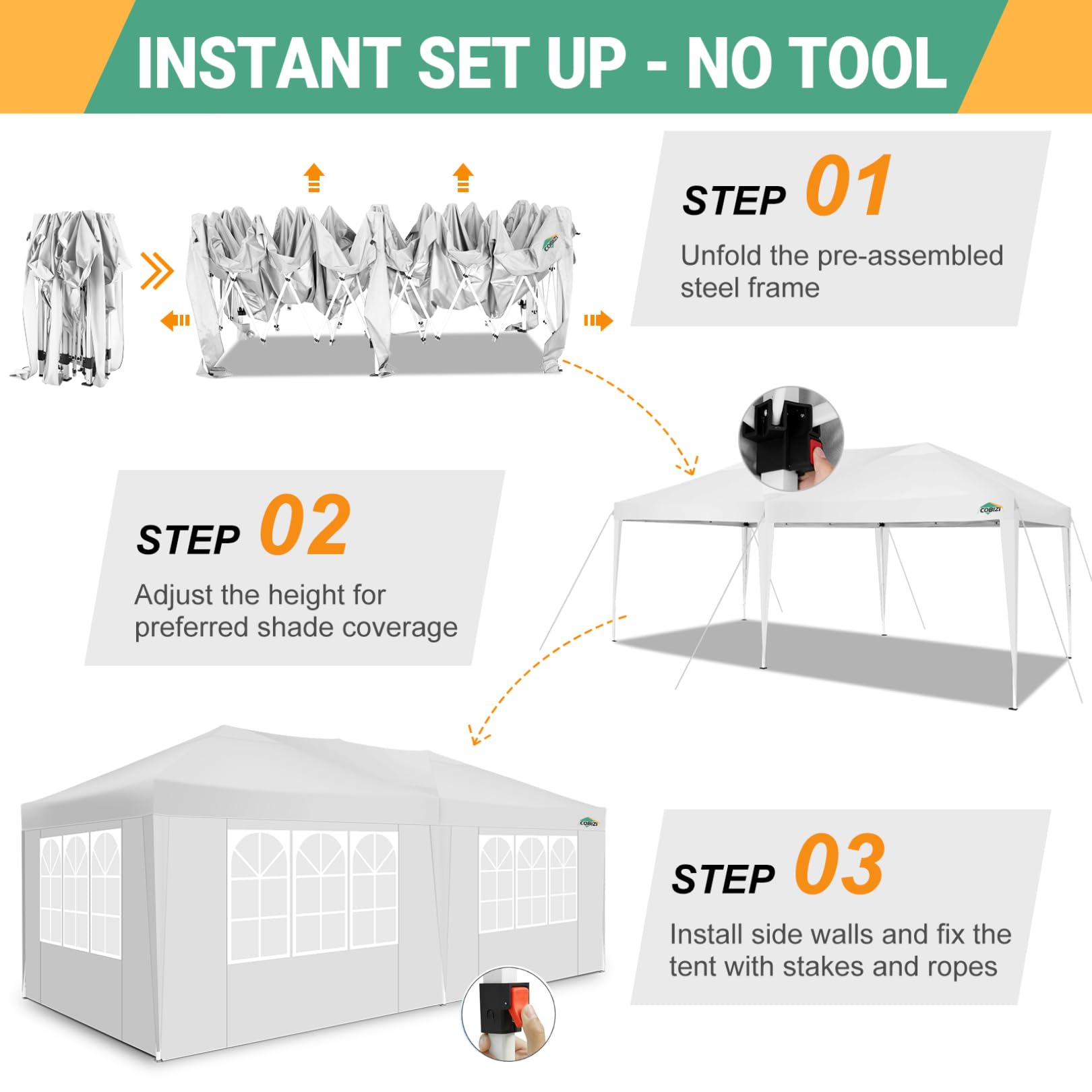 COBIZI 10x20 Pop Up Canopy Tent with 6 Sidewalls - Waterproof Outdoor Event Shelter, UPF 50+ Portable Gazebo for Beach, Camping, Weddings & Commercial Use - Instant Easy Setup White Canopy | Perfect for Parties, Picnics, Tailgating & Outdoor Markets