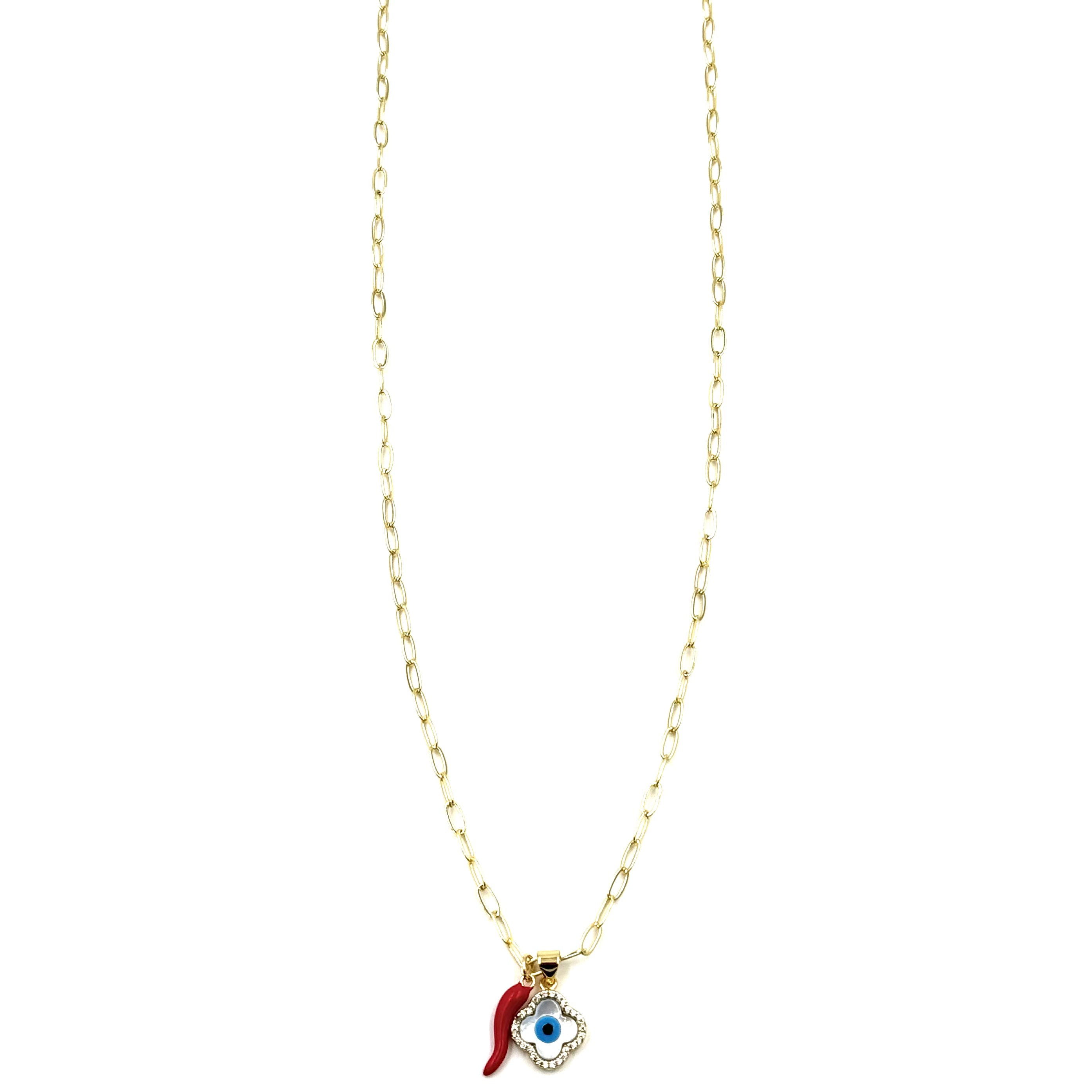 Ashley Gold Stainless Steel Gold Plated Red Enamel Horn Evil Eye Necklace with CZ Charm - Protection Jewelry for Women, Gift for Birthday & Valentine's Day