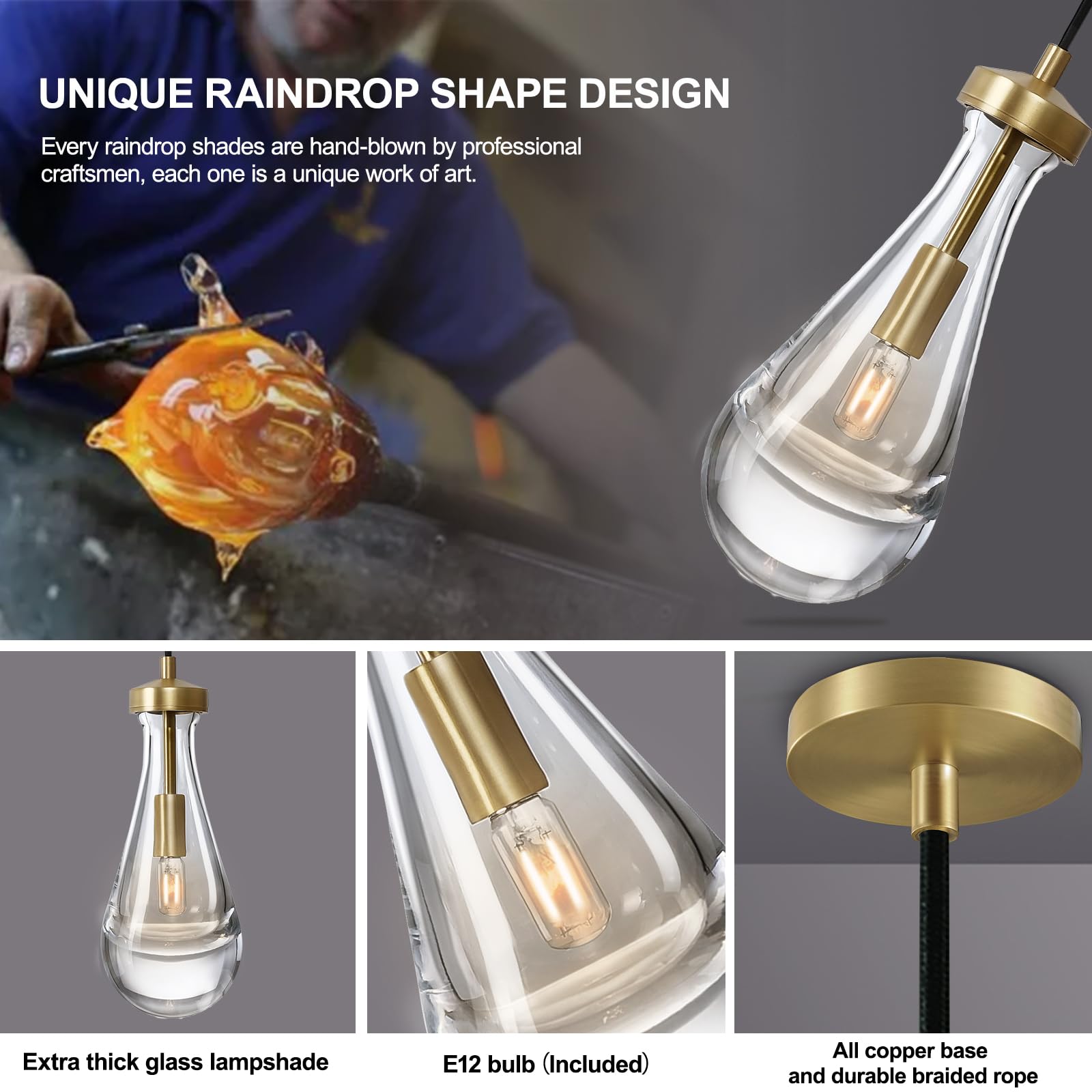 3 Pack Raindrop Pendant Lights Set - Modern Teardrop Glass Pendant Lighting for Kitchen Island, Bedroom, Bathroom & Living Room - Includes Bulbs | Perfect for Dining Room, Hallway & Home Decor