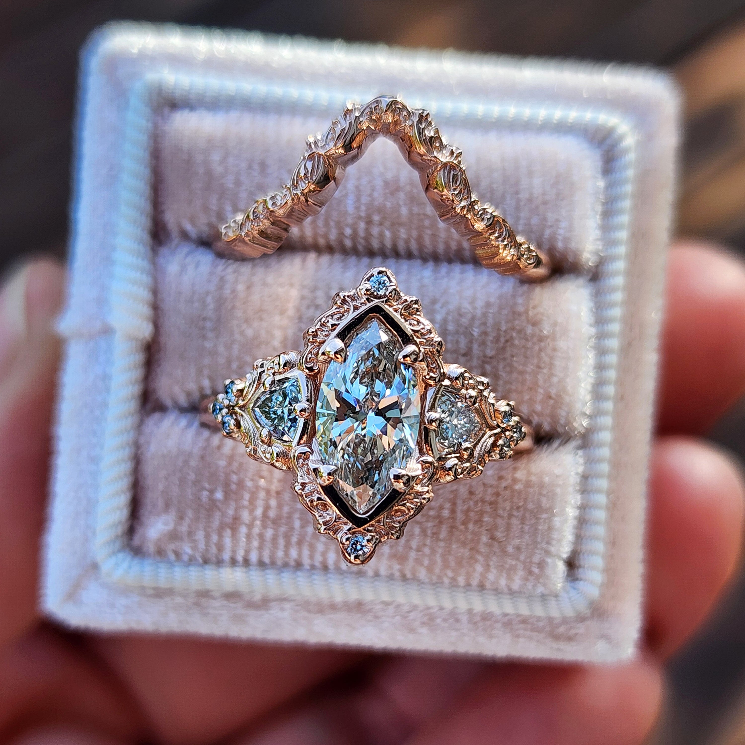 1.27ct Lab-Grown Marquise Diamond Engagement Ring & Wedding Band Set in 14K Rose Gold with Trillion Side Stones | Size 6-8 | Ready to Ship | Perfect for Proposals, Anniversaries & Bridal Jewelry