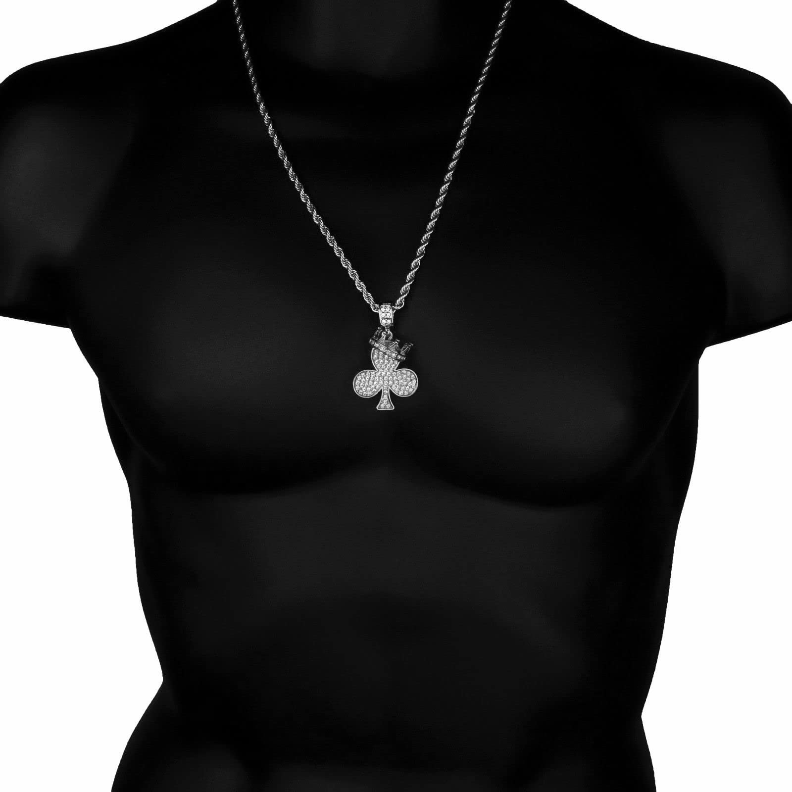 24K Gold Plated Iced King Crown Clover Pendant with 4mm 24