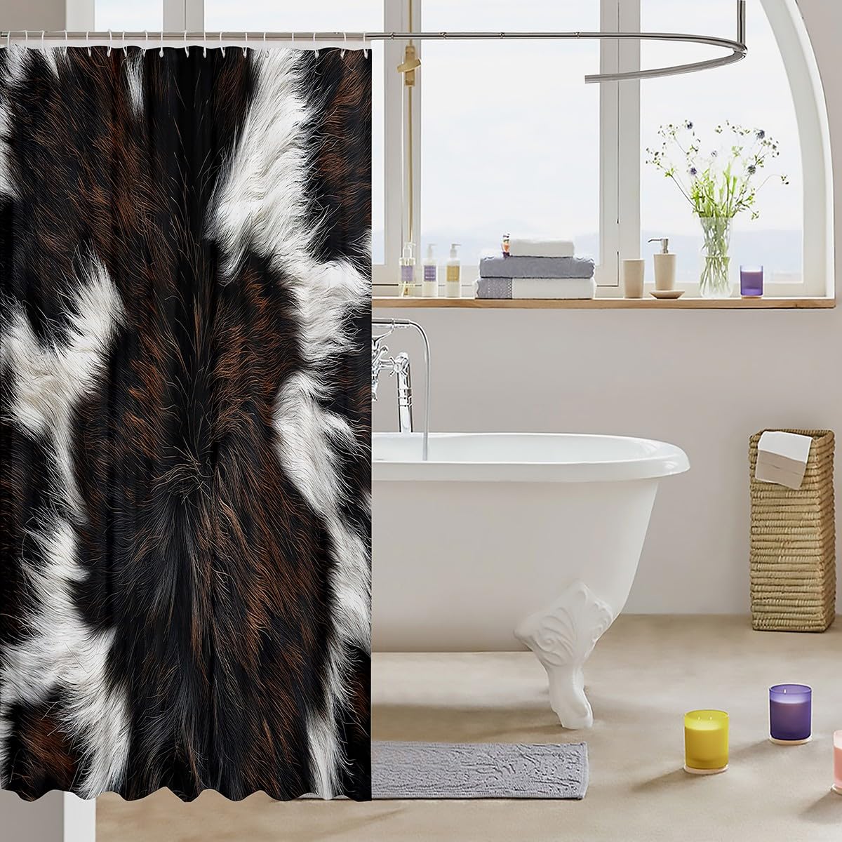 Cow Print Shower Curtain Set - 72x72 Inch Black & White Cowhide Pattern Waterproof Bathroom Curtain for Farmhouse, Kids & Adults - Perfect for Bathroom Decor, Themed Parties & Rustic Home Styling
